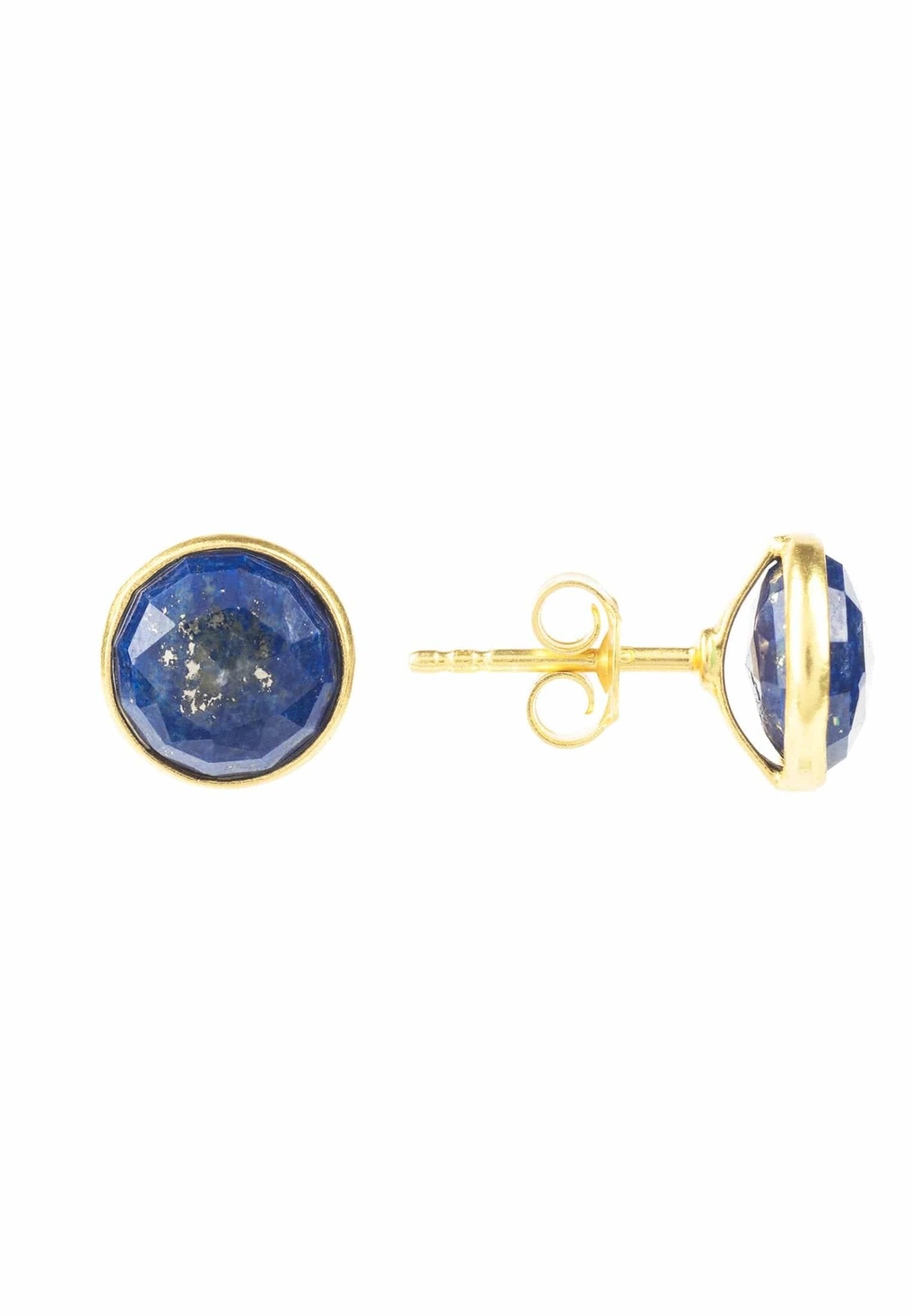 Elegant Medium Circle Gemstone Earrings featuring natural gold lapis lazuli stones set in sterling silver, perfect for everyday wear.