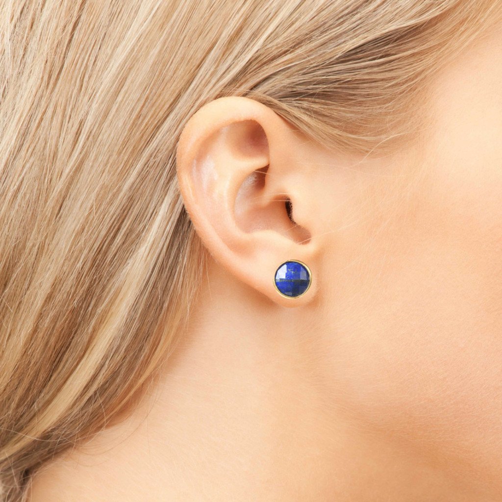 Elegant Medium Circle Gemstone Earrings featuring natural gold lapis lazuli stones set in sterling silver, perfect for everyday wear.