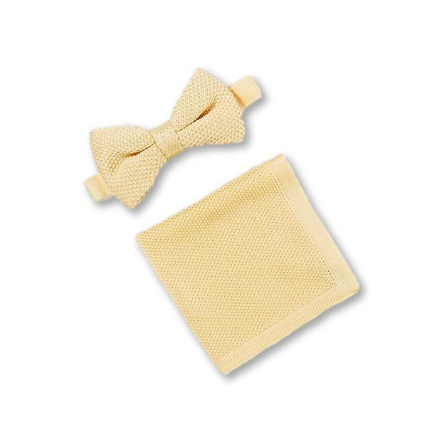 Mellow yellow knitted bow tie and matching pocket square set displayed elegantly on a white background.