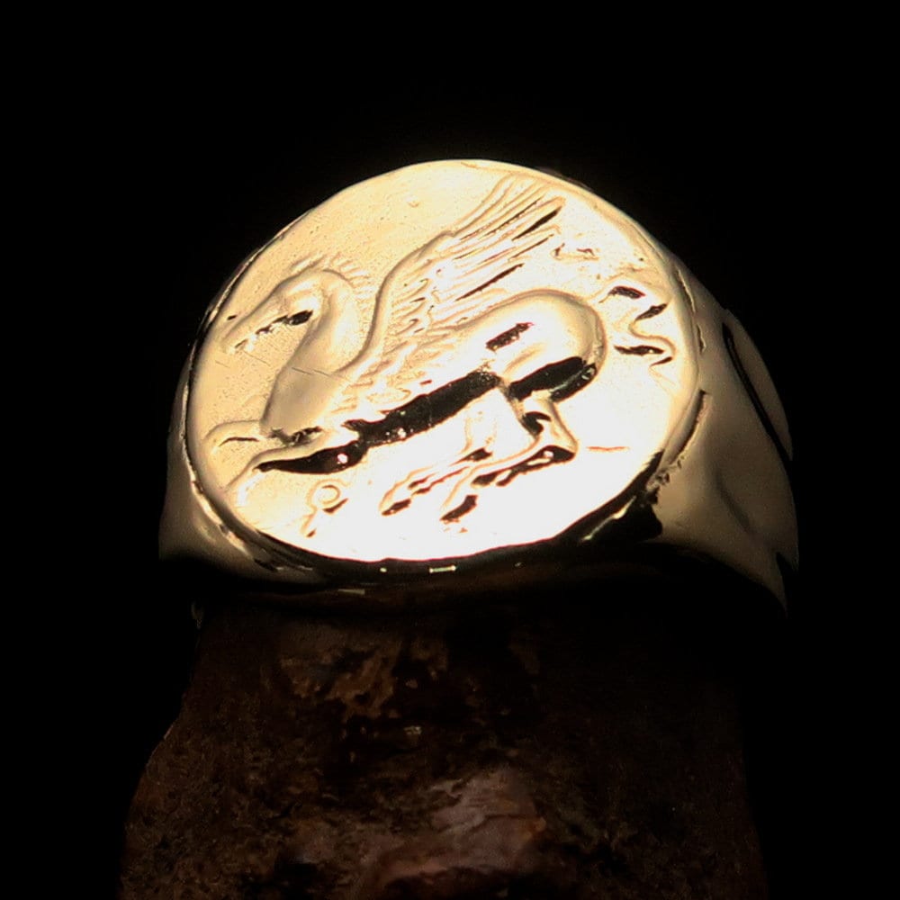 Men's ancient Corinthian Pegasus Coin Ring featuring Greek Goddess Athena, crafted in mirror polished brass with intricate details.