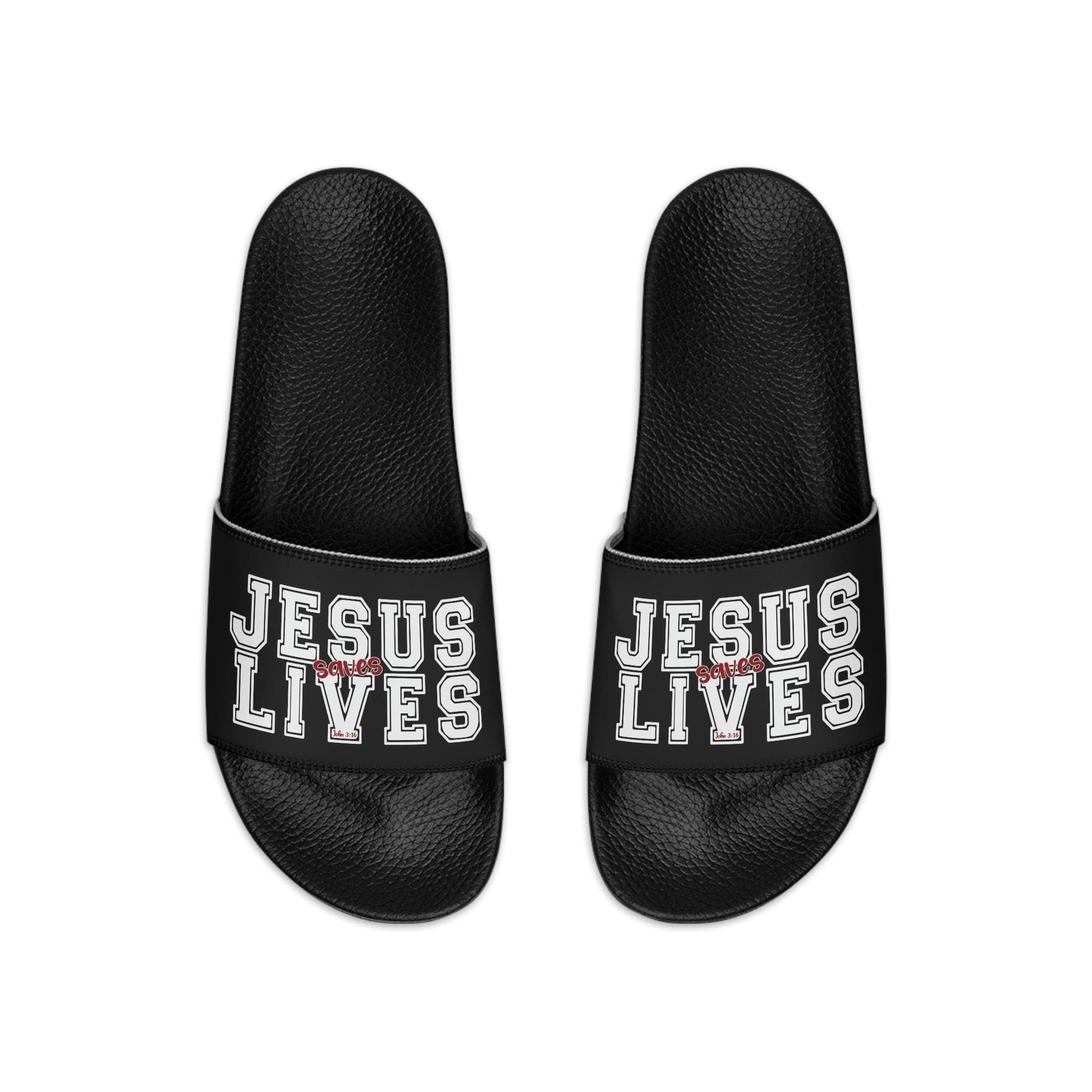 Men's Black Slide Sandals featuring a Christian message, designed for comfort and casual wear, perfect for beach and pool days.