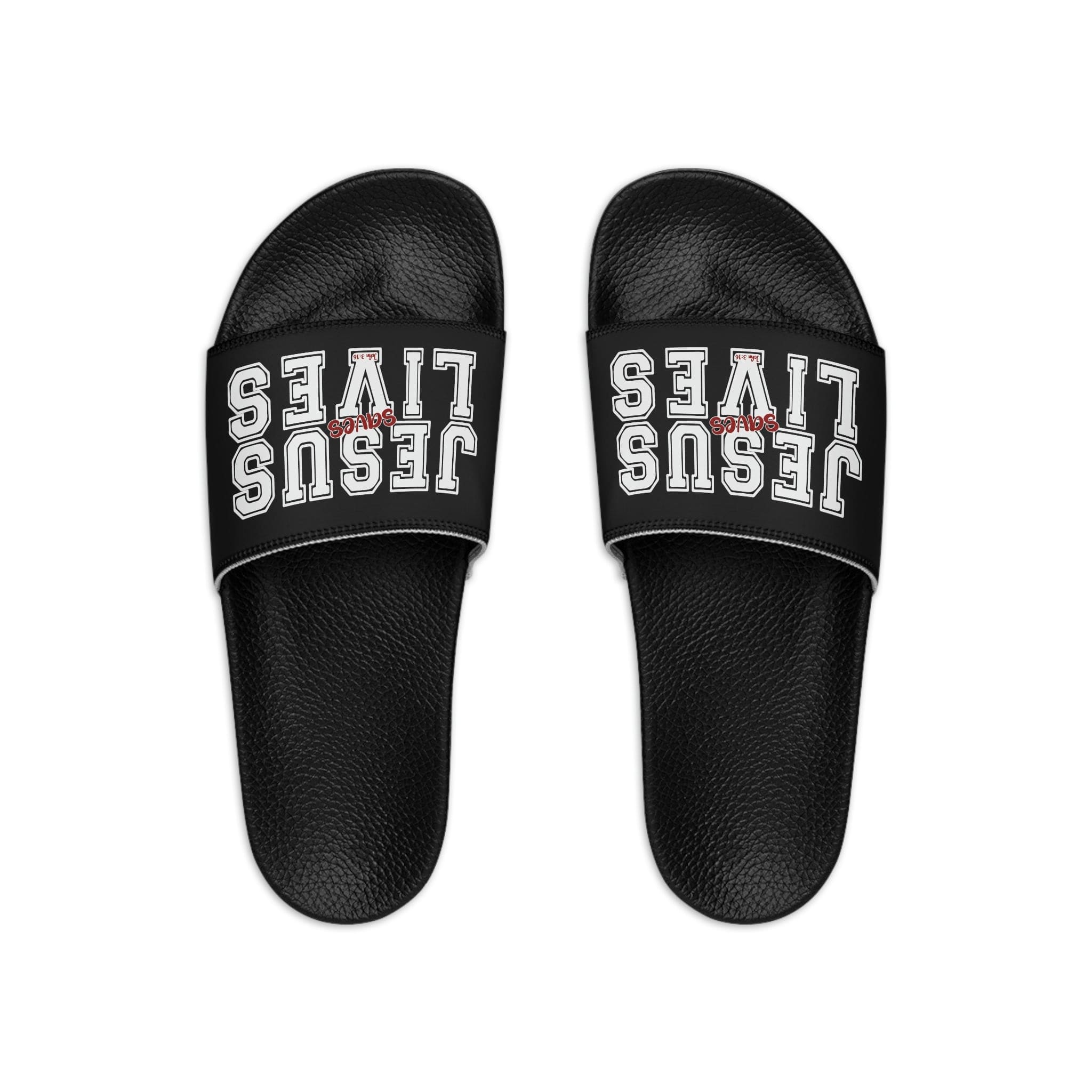 Men's Black Slide Sandals featuring a Christian message, designed for comfort and casual wear, perfect for beach and pool days.