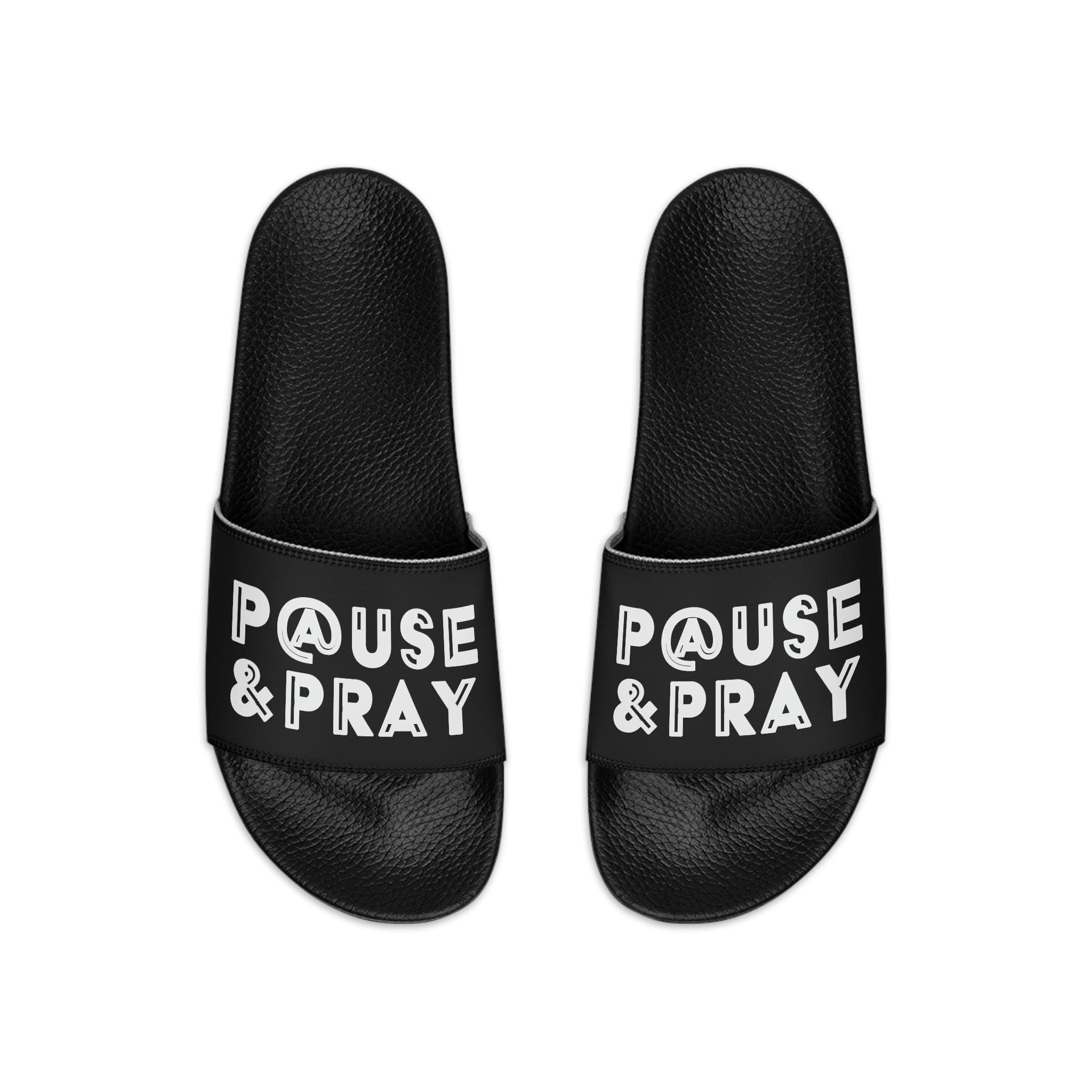 Mens Black Slide Sandals with Christian inspiration, featuring a sleek design and comfortable slip-on style.