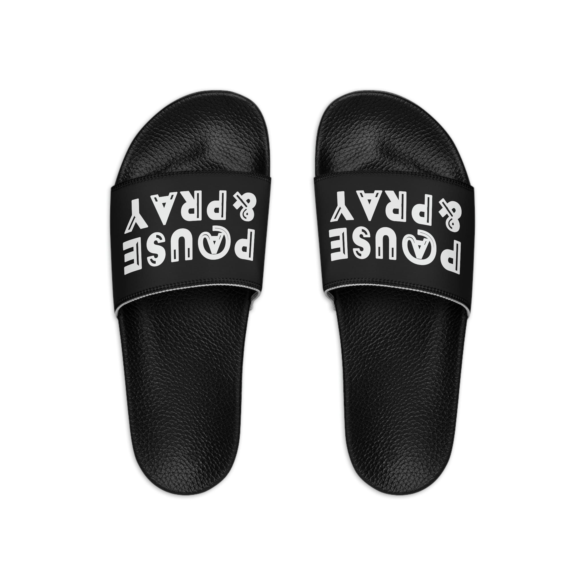 Mens Black Slide Sandals with Christian inspiration, featuring a sleek design and comfortable slip-on style.