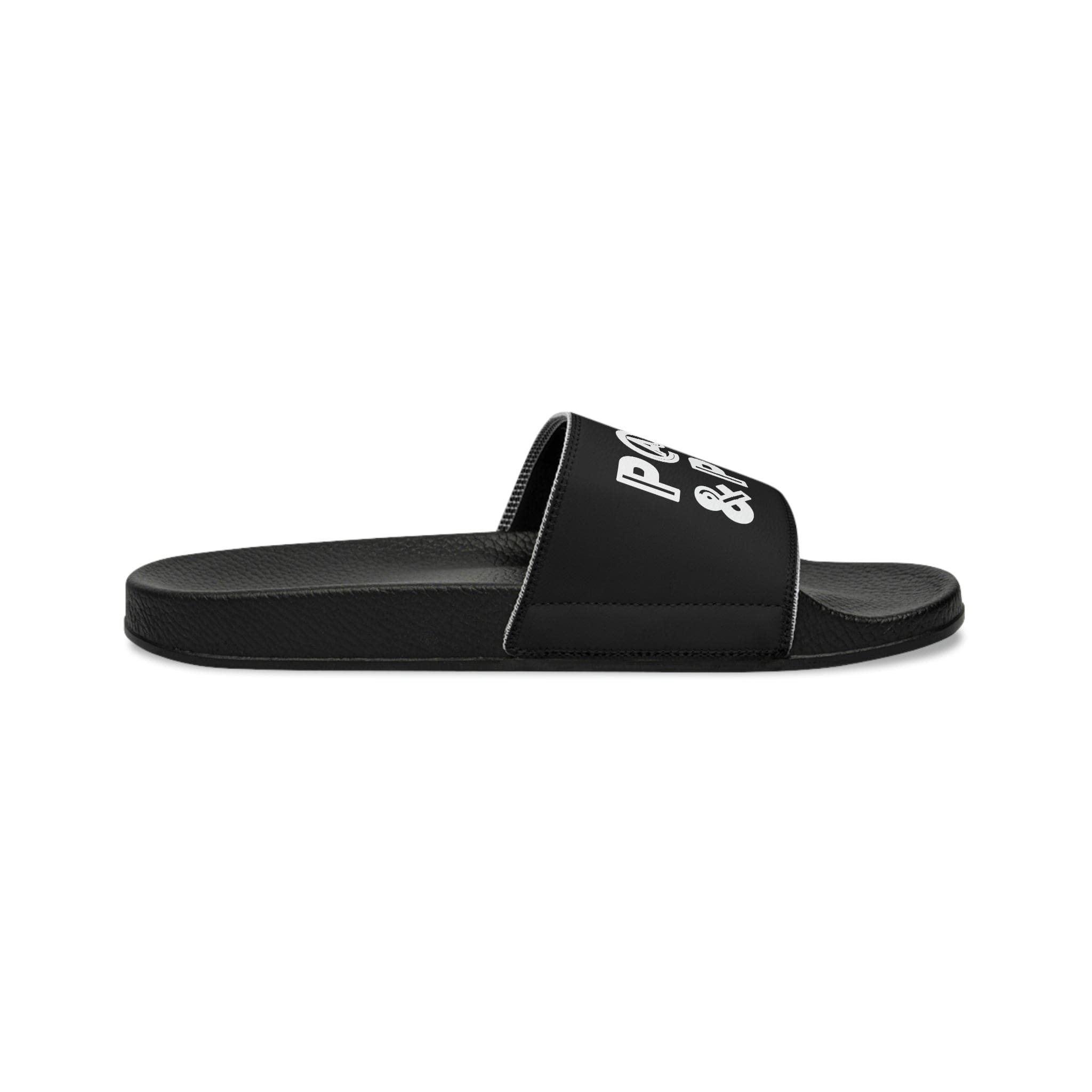 Mens Black Slide Sandals with Christian inspiration, featuring a sleek design and comfortable slip-on style.