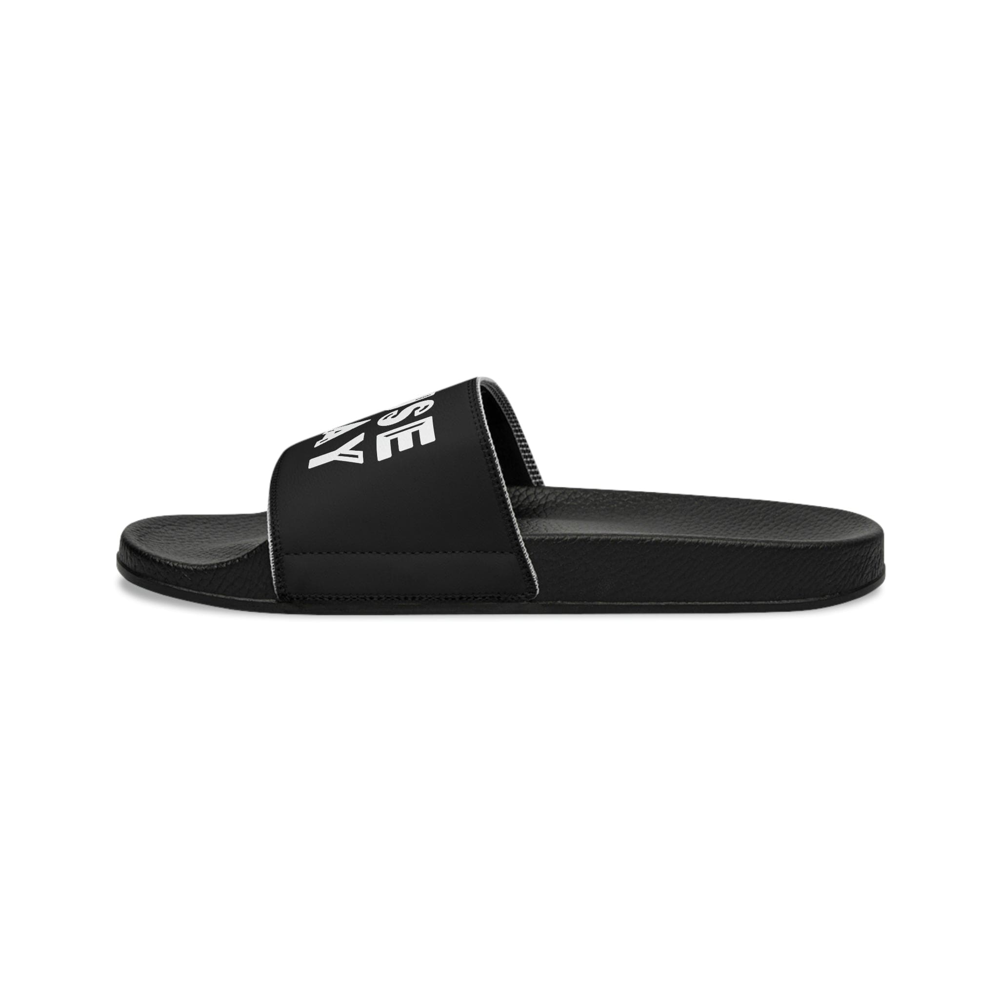Mens Black Slide Sandals with Christian inspiration, featuring a sleek design and comfortable slip-on style.