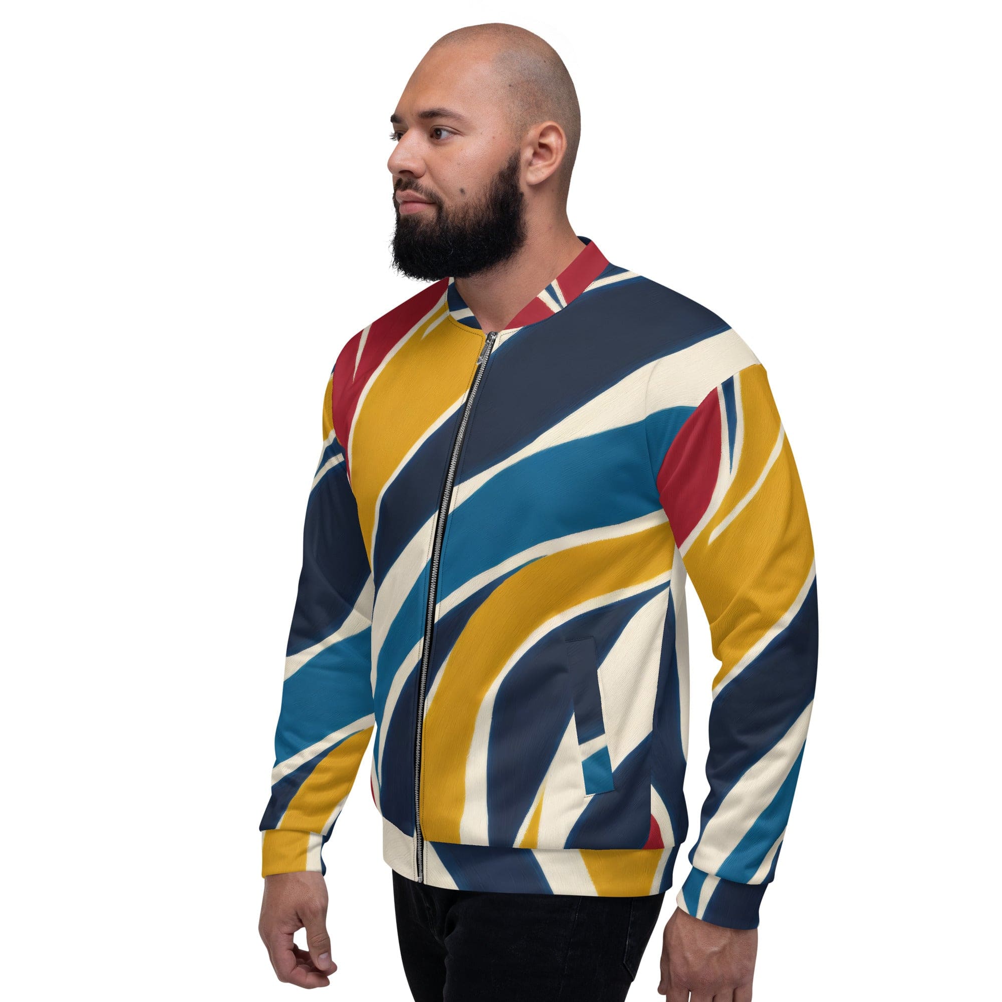 Men's bomber jacket featuring an abstract multicolor swirl line pattern, zip-front closure, and ribbed cuffs.