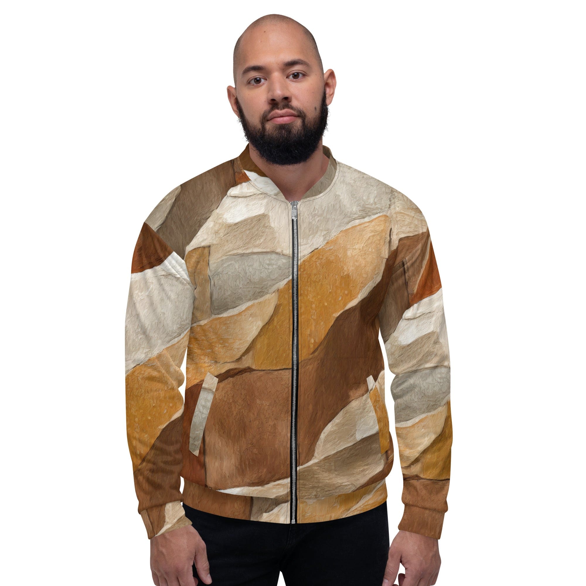 Men's bomber jacket featuring an abstract stone print, showcasing a zip-front closure and ribbed cuffs, perfect for stylish layering.