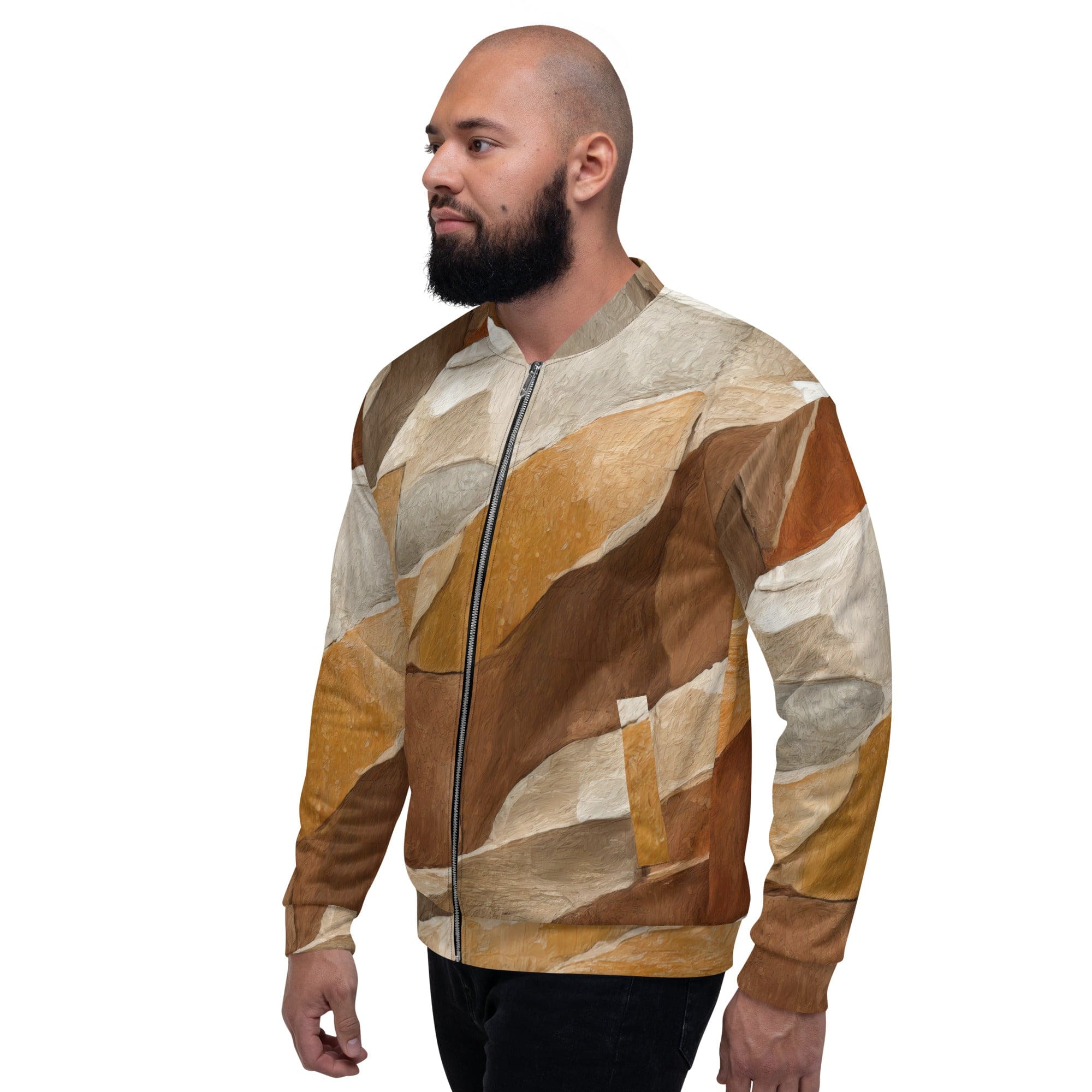 Men's bomber jacket featuring an abstract stone print, showcasing a zip-front closure and ribbed cuffs, perfect for stylish layering.