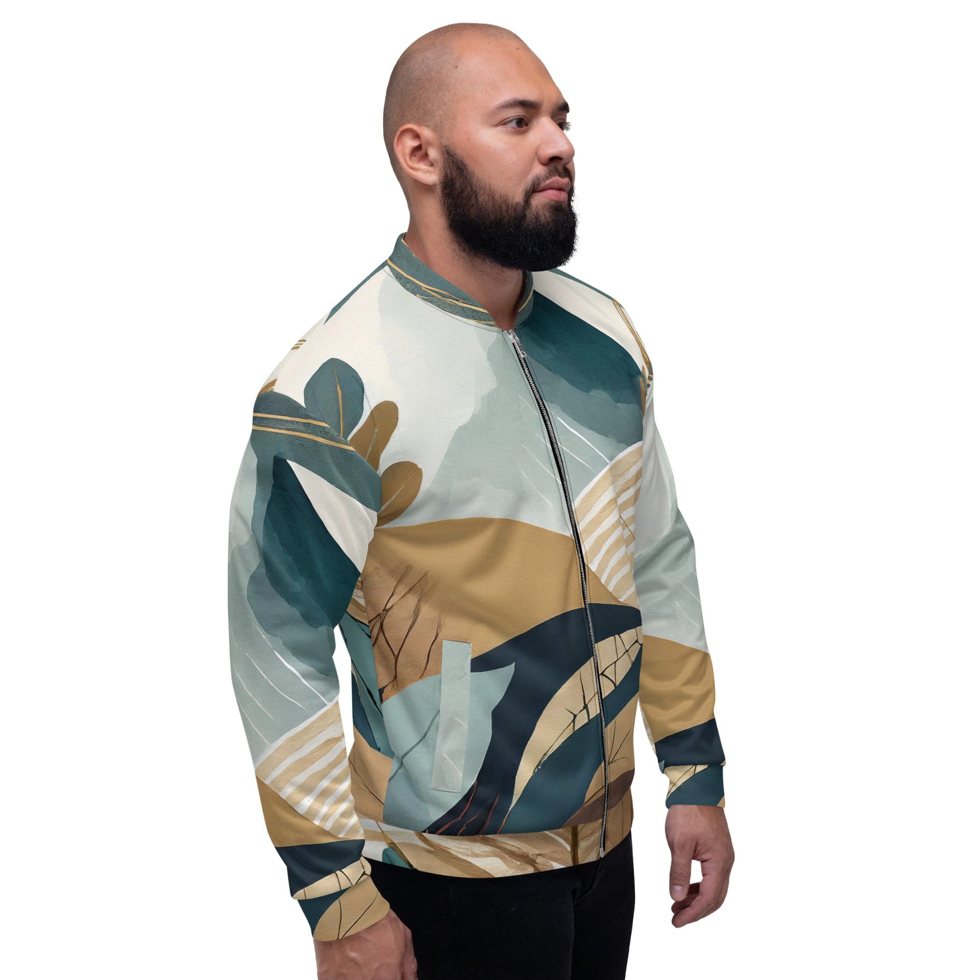 Men's Bomber Jacket featuring a unique Boho style print, zip-front closure, and ribbed cuffs, perfect for stylish layering.