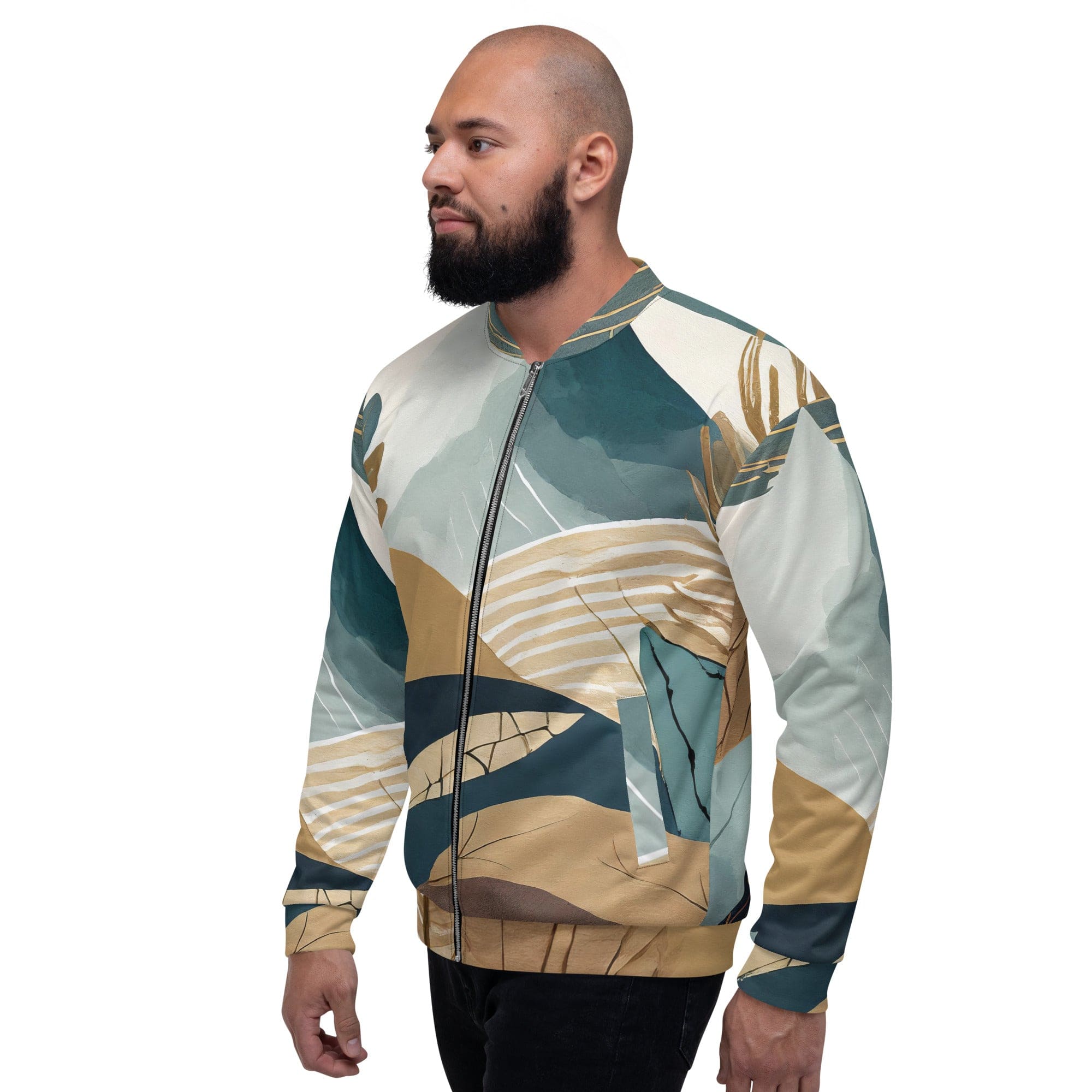 Men's Bomber Jacket featuring a unique Boho style print, zip-front closure, and ribbed cuffs, perfect for stylish layering.