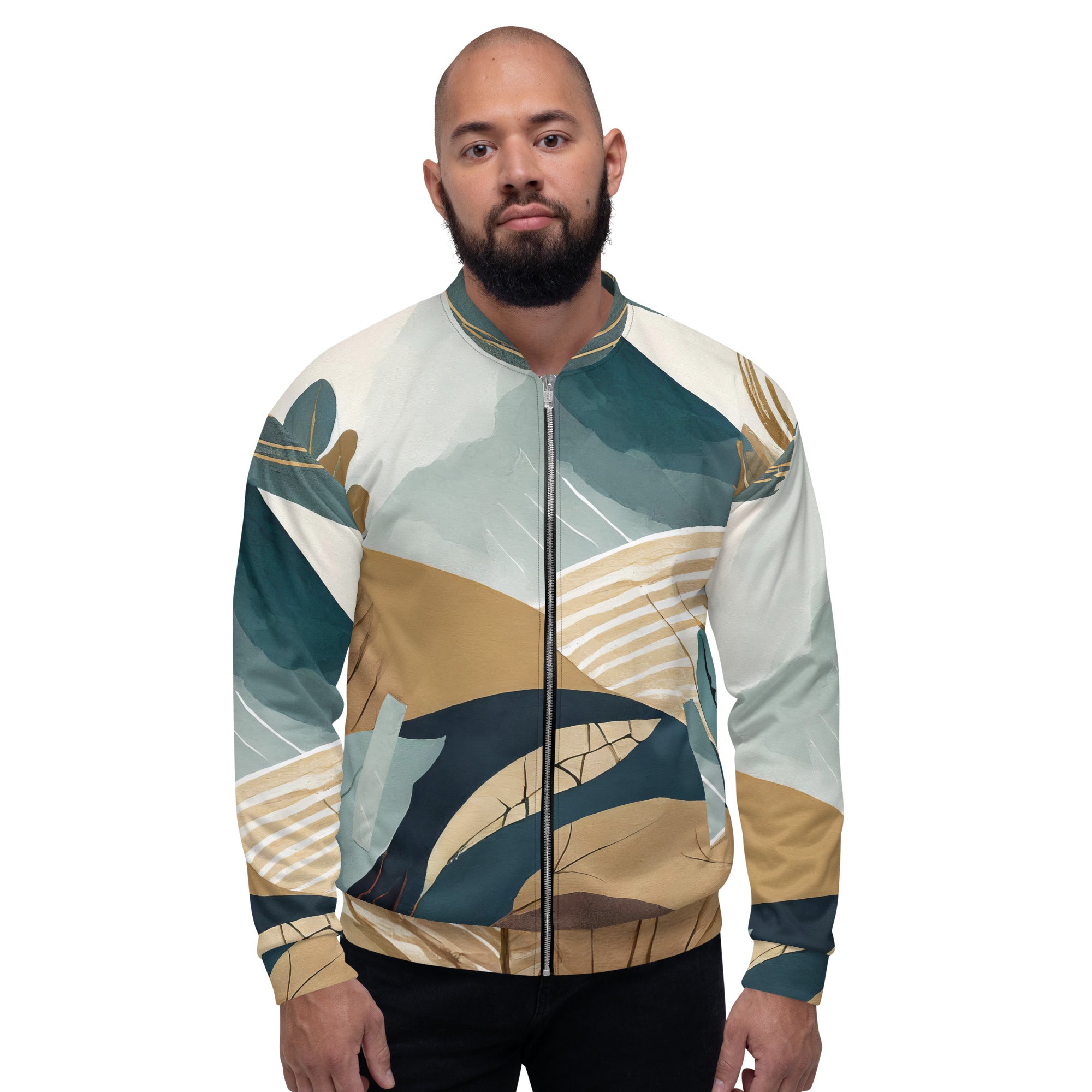Men's Bomber Jacket featuring a unique Boho style print, zip-front closure, and ribbed cuffs, perfect for stylish layering.