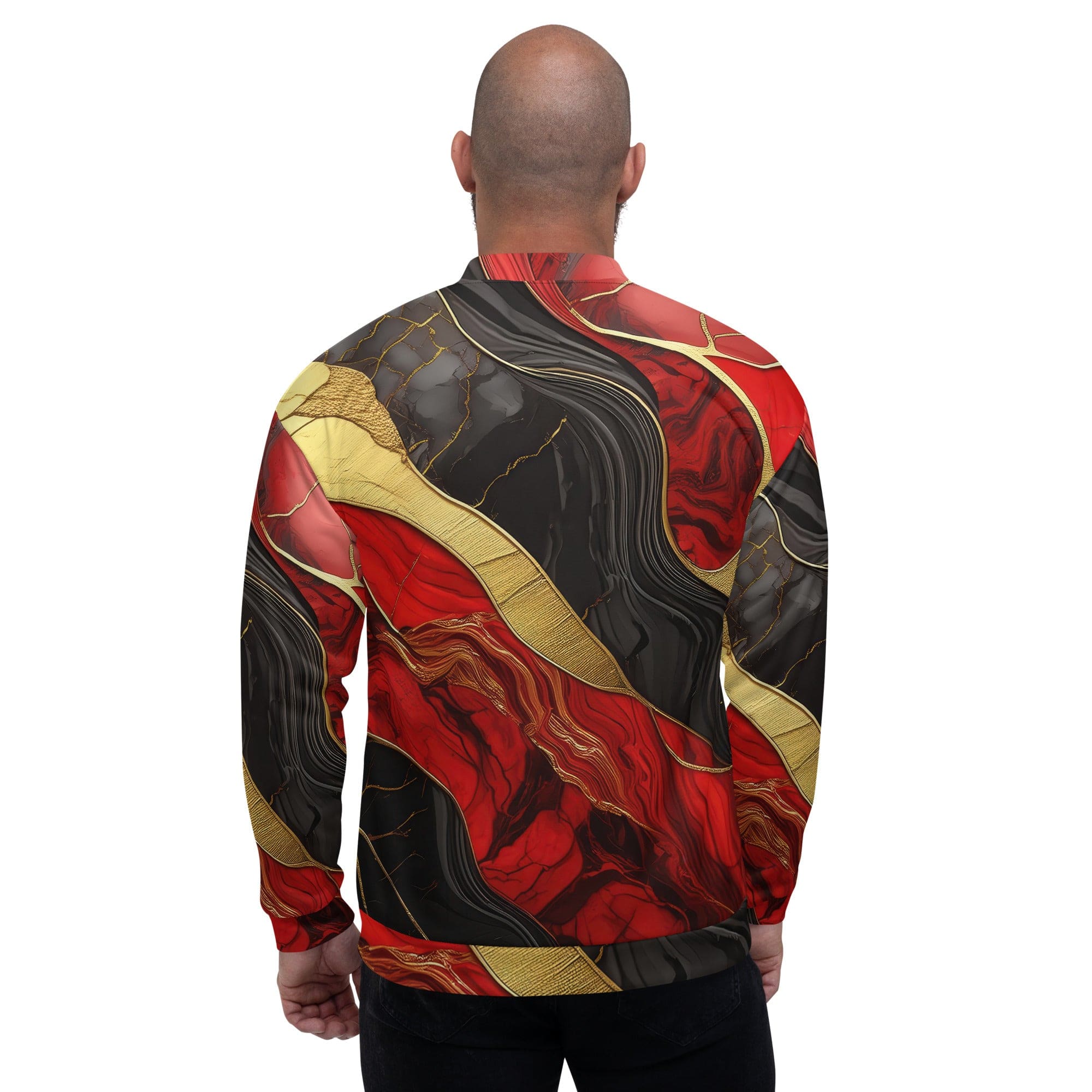 Men's bomber jacket featuring a bold red and gold tones print, zip-front closure, and ribbed cuffs, perfect for stylish layering.