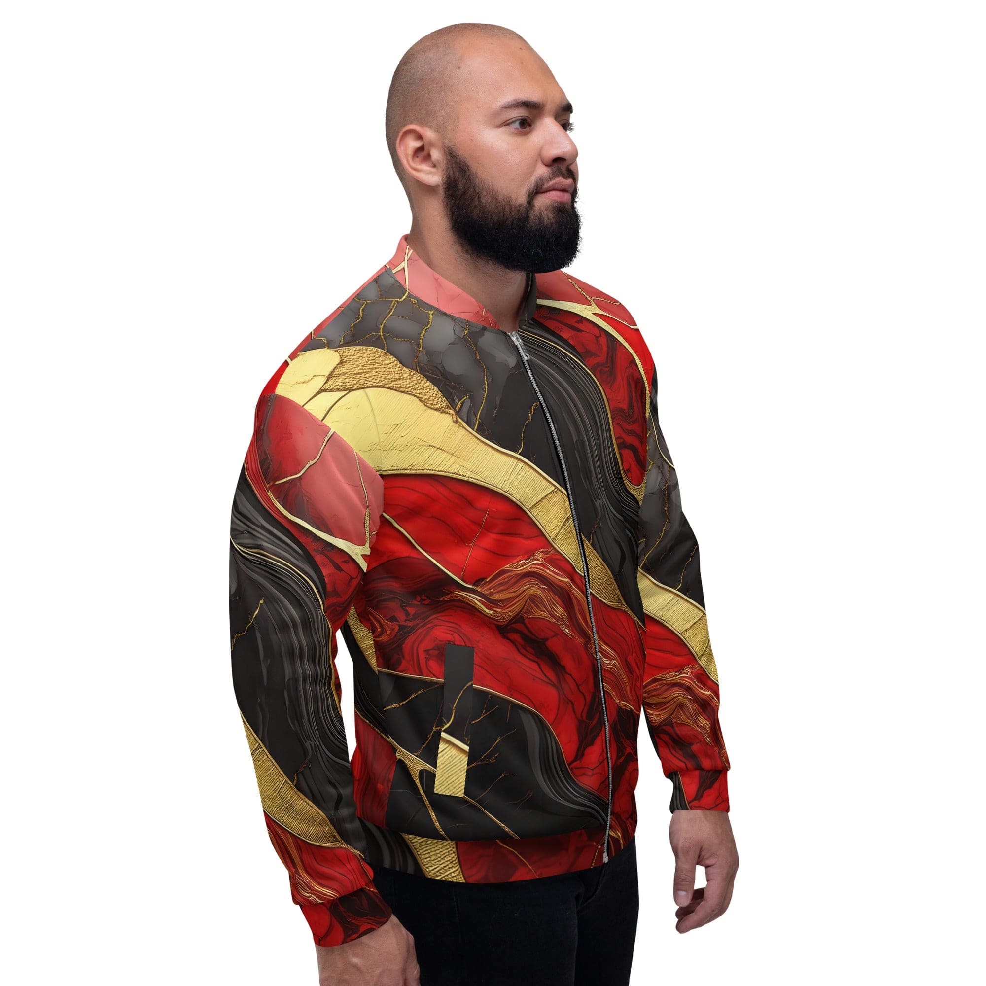 Men's bomber jacket featuring a bold red and gold tones print, zip-front closure, and ribbed cuffs, perfect for stylish layering.