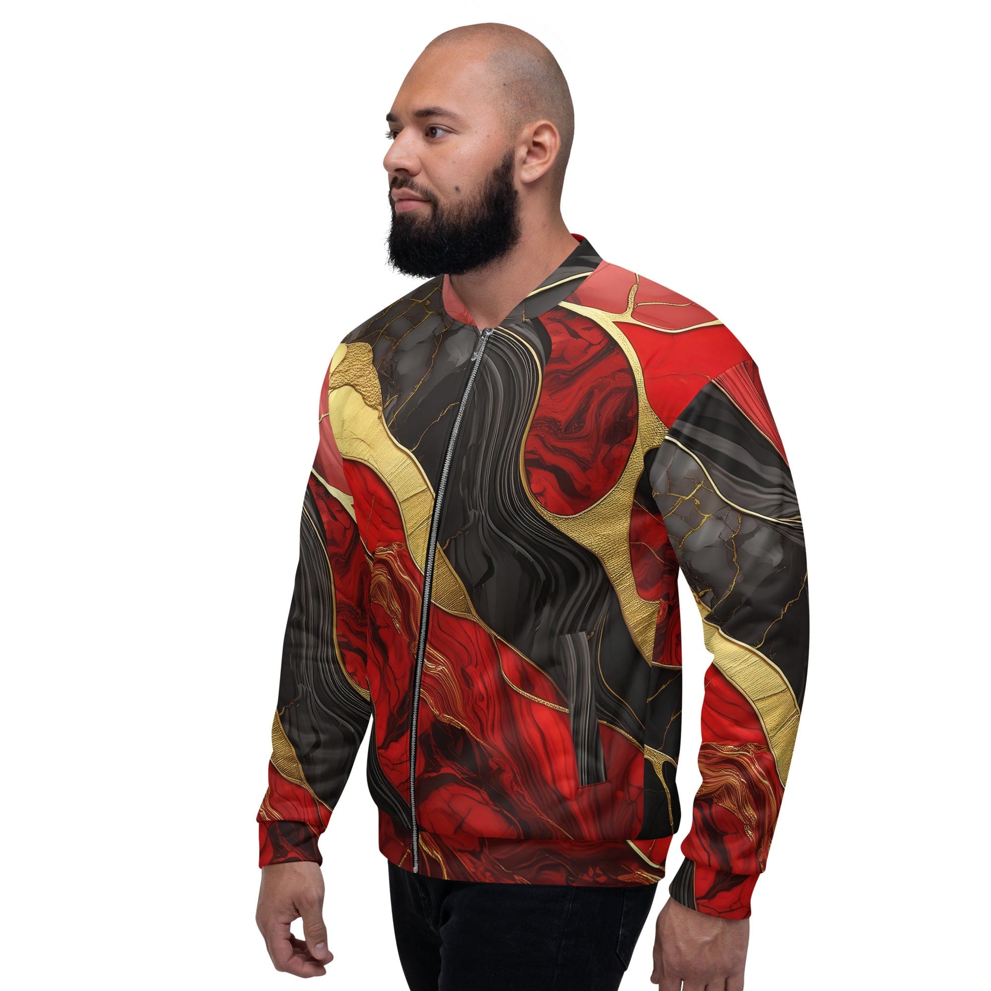 Men's bomber jacket featuring a bold red and gold tones print, zip-front closure, and ribbed cuffs, perfect for stylish layering.