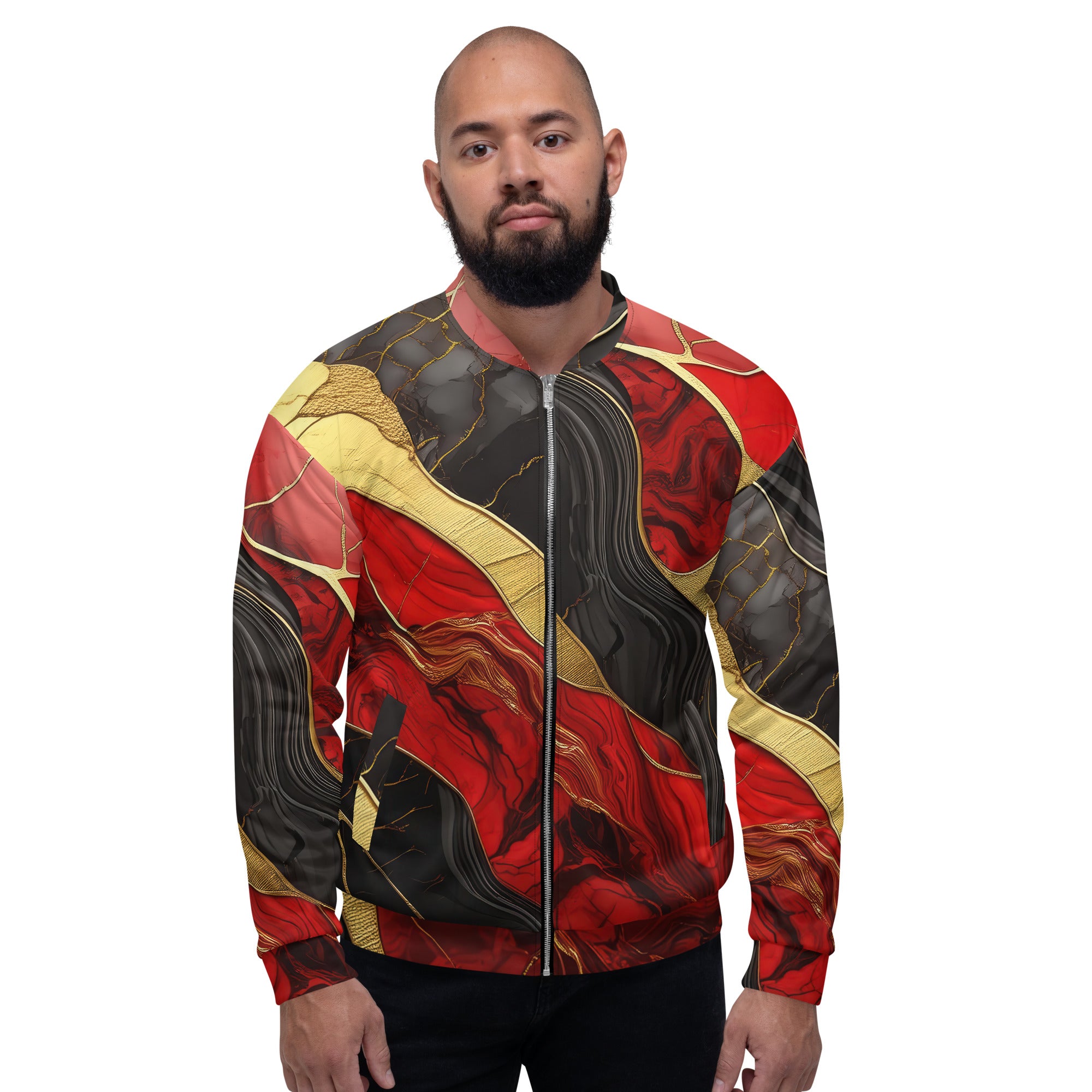 Men's bomber jacket featuring a bold red and gold tones print, zip-front closure, and ribbed cuffs, perfect for stylish layering.