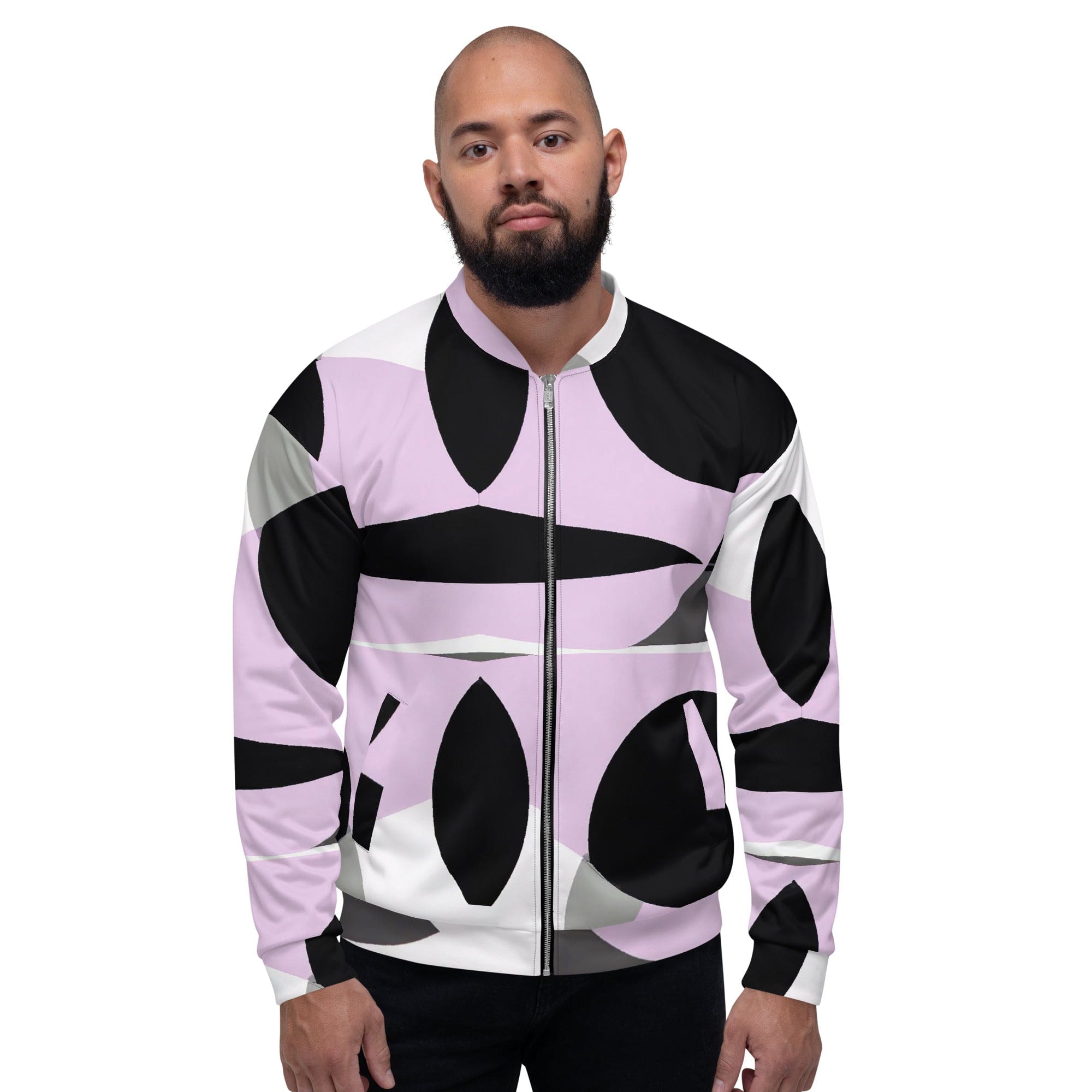 Men's bomber jacket featuring a geometric lavender and black pattern, showcasing a zip-front closure and ribbed cuffs.