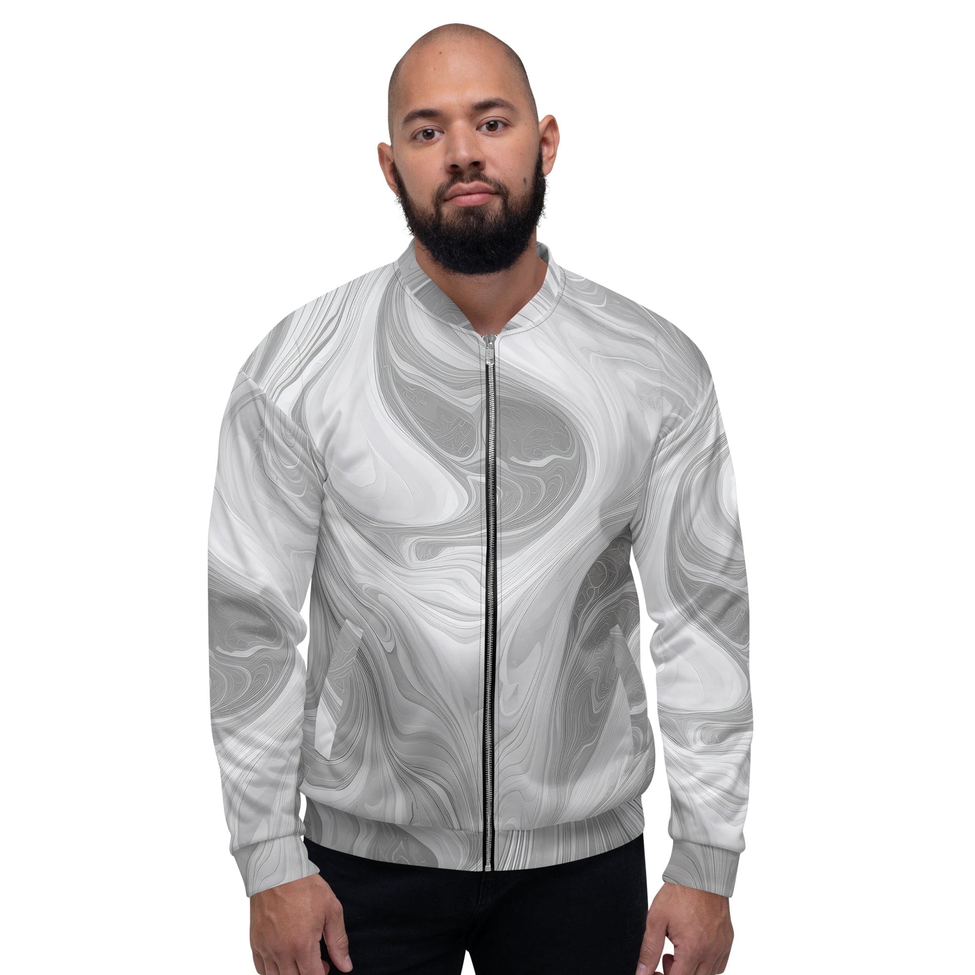 Men's bomber jacket featuring a grey and white boho marble print, zip-front closure, ribbed cuffs, and multiple pockets for essentials.
