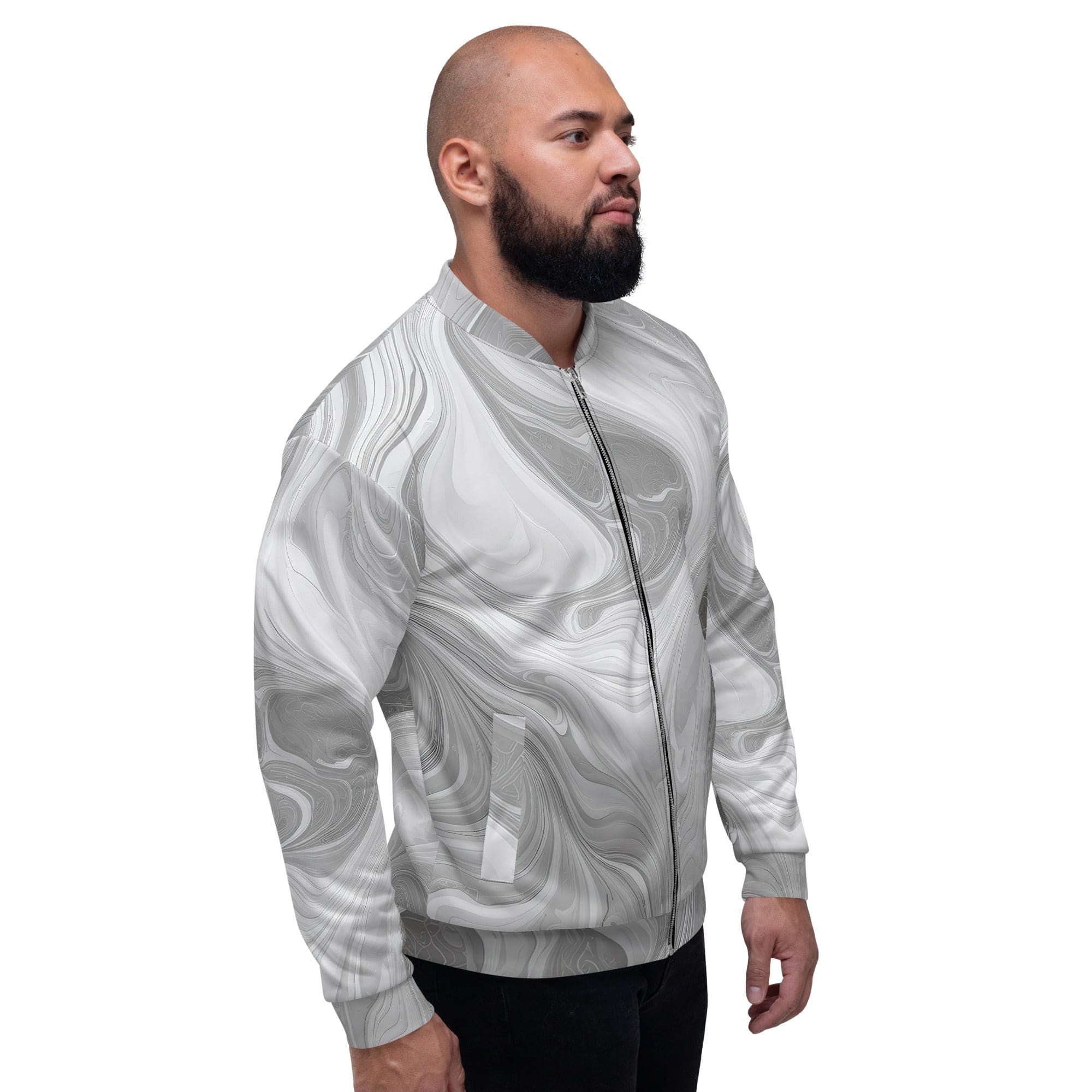 Men's bomber jacket featuring a grey and white boho marble print, zip-front closure, ribbed cuffs, and multiple pockets for essentials.