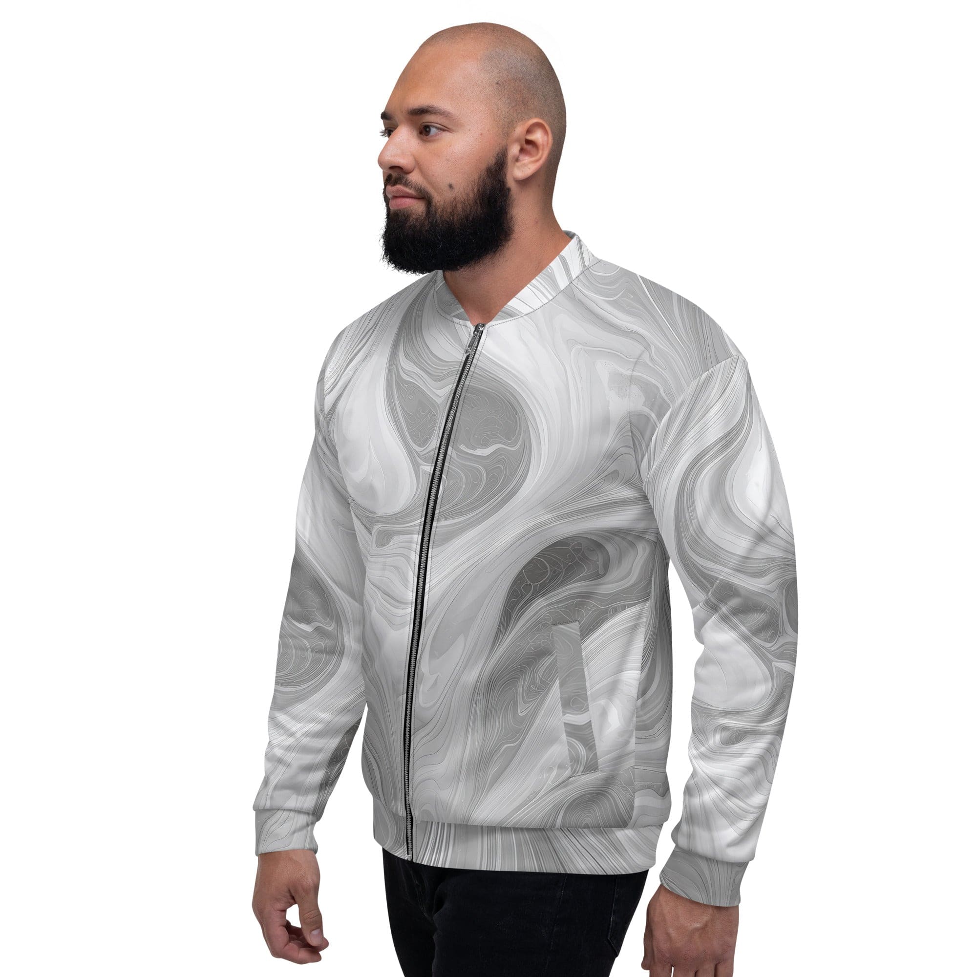Men's bomber jacket featuring a grey and white boho marble print, zip-front closure, ribbed cuffs, and multiple pockets for essentials.