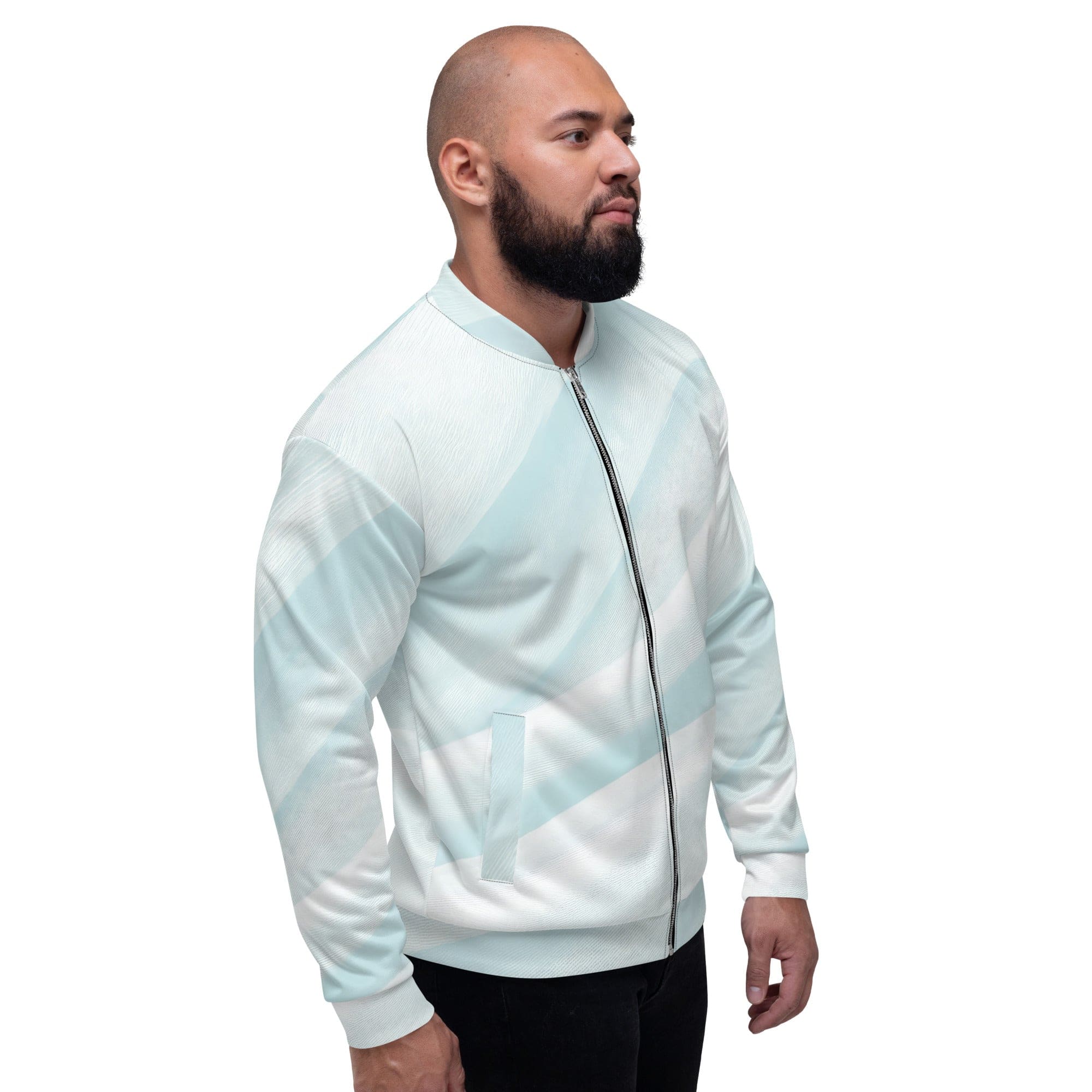 Men's bomber jacket in pastel blue swirl design, featuring zip-front closure and ribbed cuffs, ideal for casual and dressy occasions.
