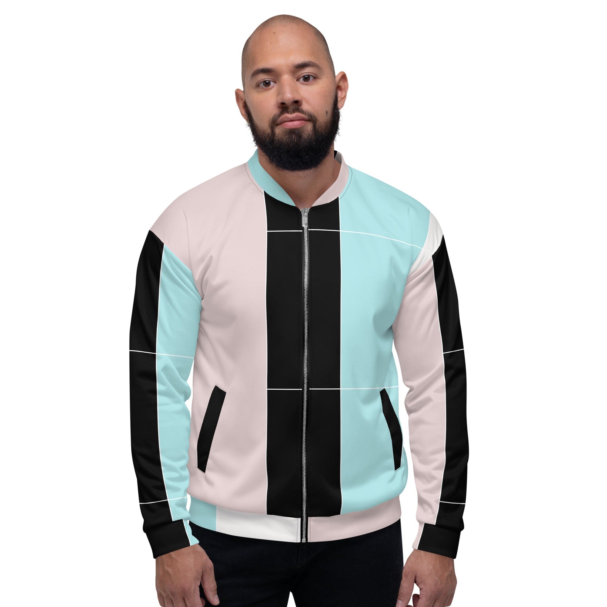 Men's bomber jacket featuring pastel pink, black, and blue colorblock lines, designed for style and comfort with ribbed cuffs and multiple pockets.