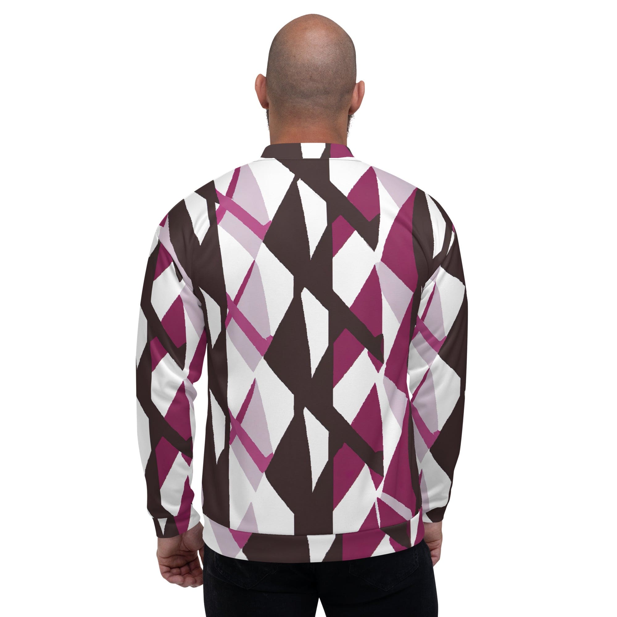 Men's bomber jacket featuring a pink mauve pattern, zip-front closure, and ribbed cuffs, ideal for stylish layering.