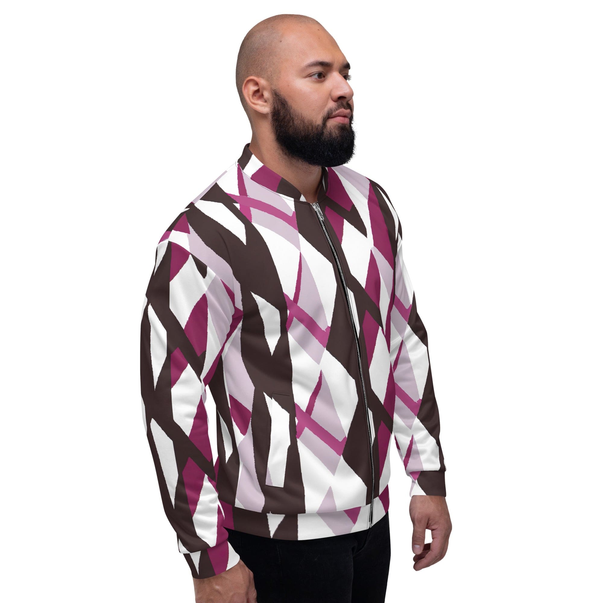 Men's bomber jacket featuring a pink mauve pattern, zip-front closure, and ribbed cuffs, ideal for stylish layering.