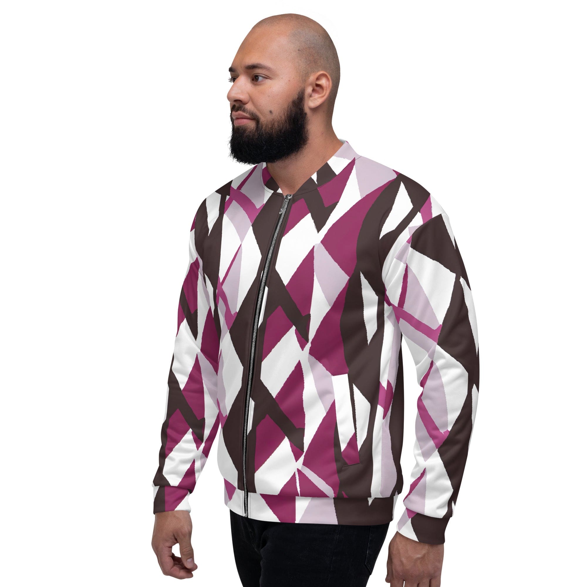 Men's bomber jacket featuring a pink mauve pattern, zip-front closure, and ribbed cuffs, ideal for stylish layering.