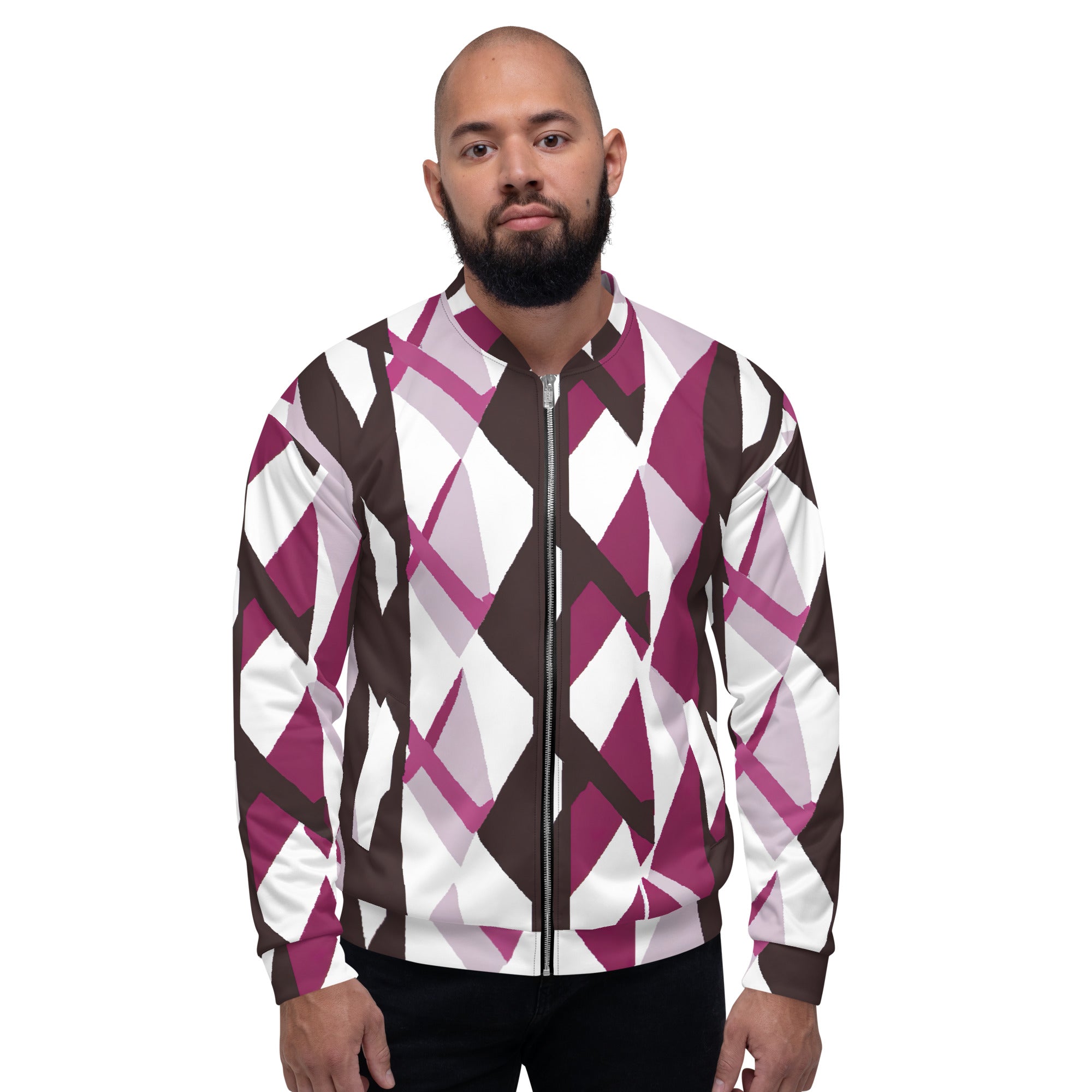 Men's bomber jacket featuring a pink mauve pattern, zip-front closure, and ribbed cuffs, ideal for stylish layering.