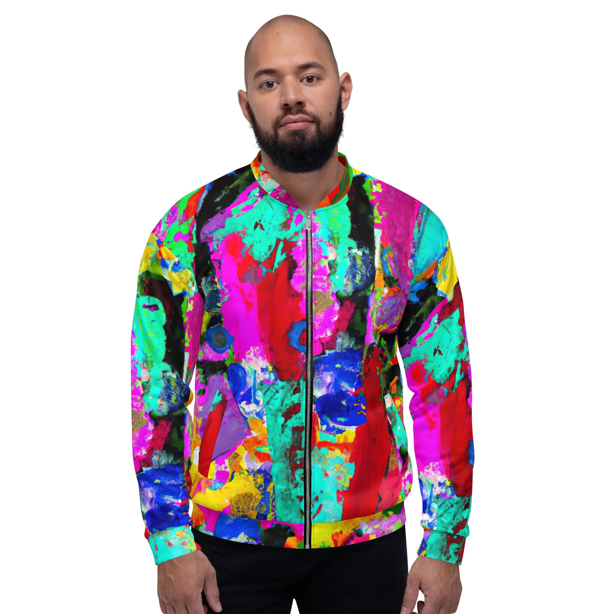 Men's bomber jacket featuring a vibrant red multicolor abstract print, zip-front closure, and ribbed cuffs.