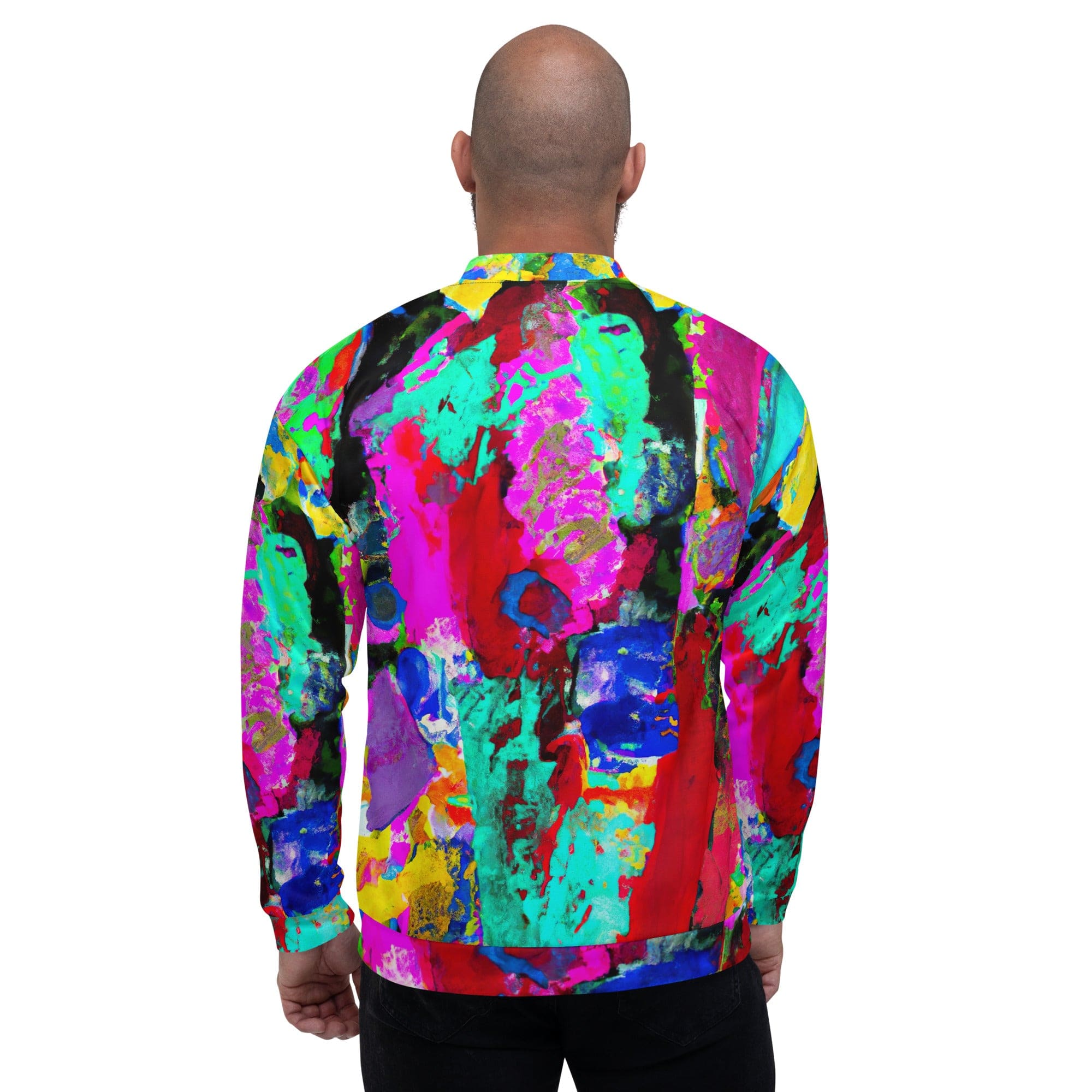 Men's bomber jacket featuring a vibrant red multicolor abstract print, zip-front closure, and ribbed cuffs.