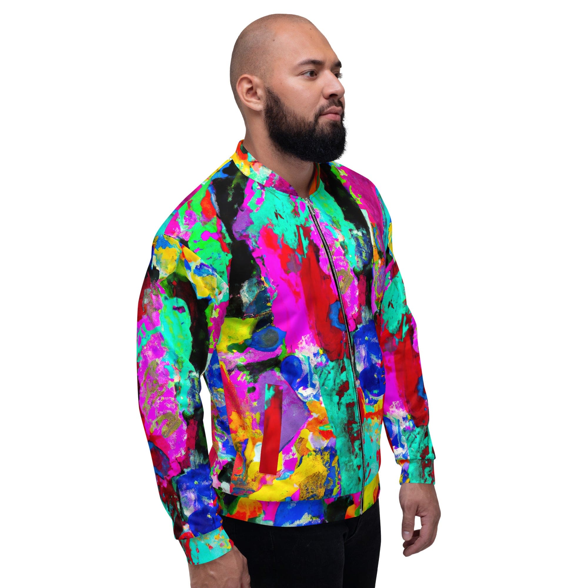 Men's bomber jacket featuring a vibrant red multicolor abstract print, zip-front closure, and ribbed cuffs.