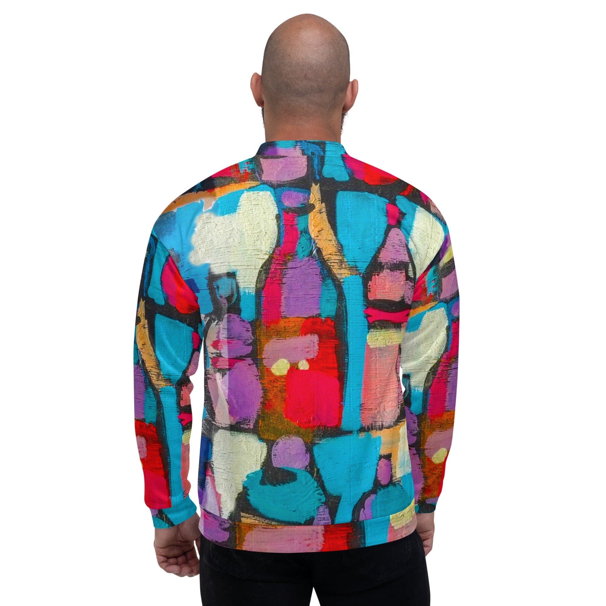 Men's Bomber Jacket featuring Sutileza Red Multicolor Abstract Print, showcasing vibrant colors and stylish design.