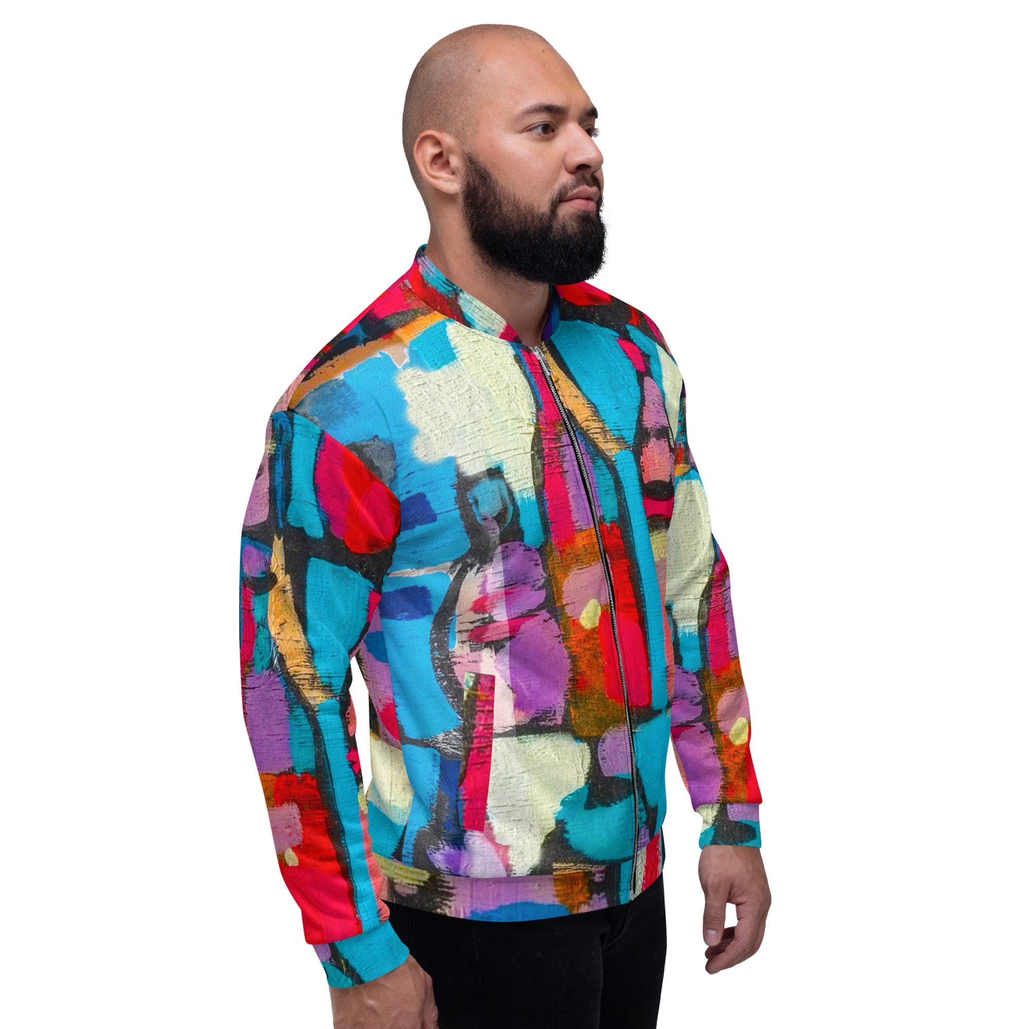 Men's Bomber Jacket featuring Sutileza Red Multicolor Abstract Print, showcasing vibrant colors and stylish design.