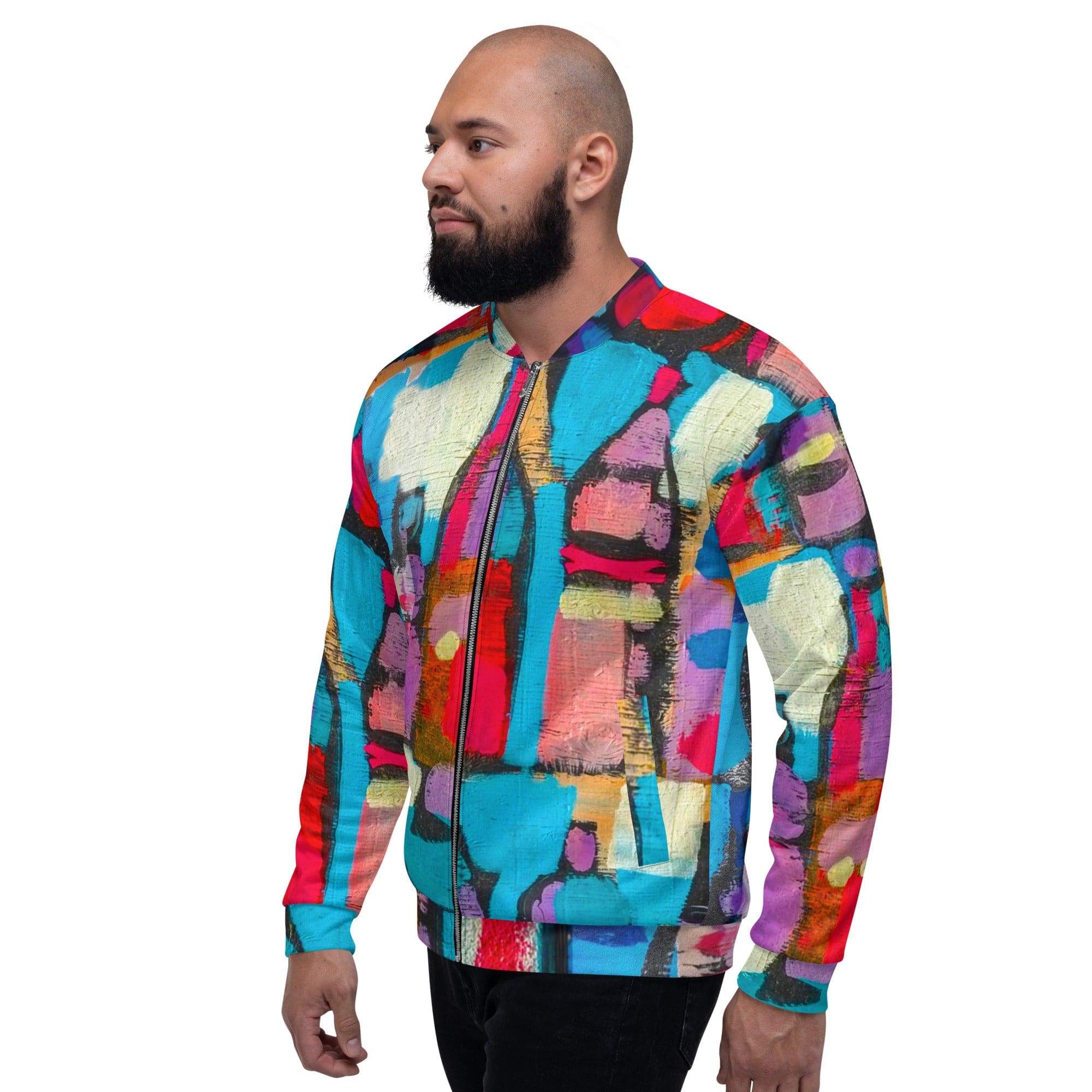 Men's Bomber Jacket featuring Sutileza Red Multicolor Abstract Print, showcasing vibrant colors and stylish design.
