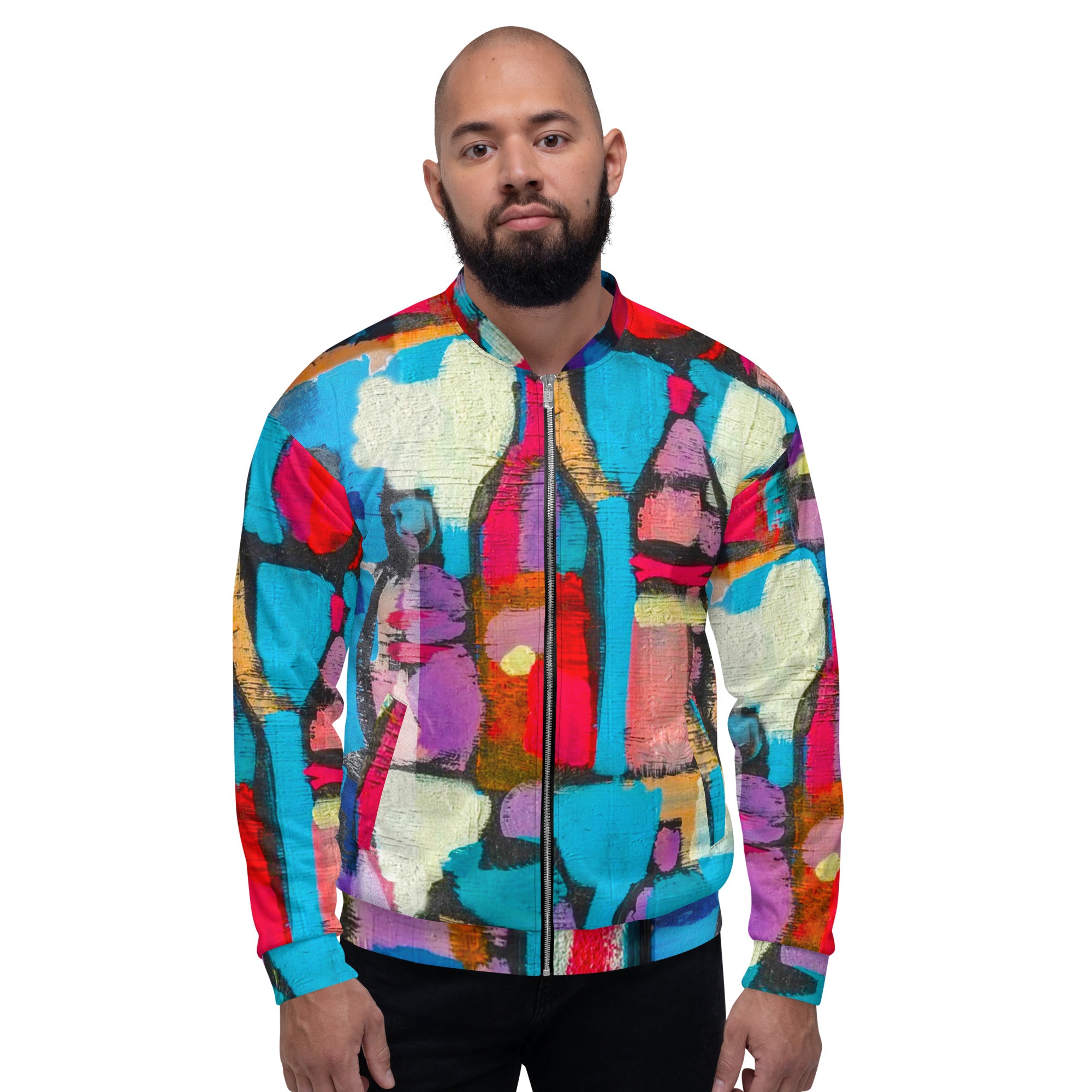 Men's Bomber Jacket featuring Sutileza Red Multicolor Abstract Print, showcasing vibrant colors and stylish design.