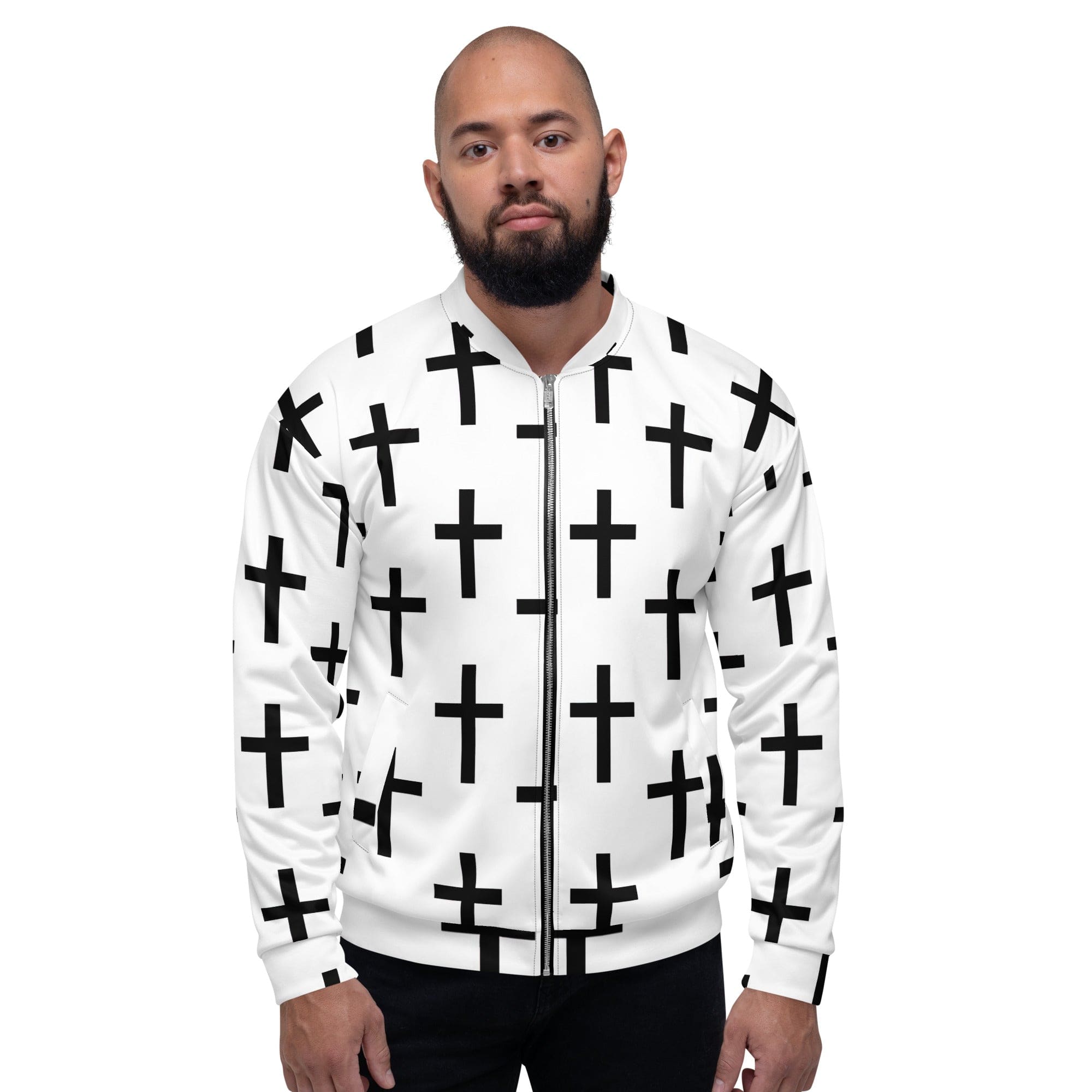 Men's bomber jacket featuring a stylish white and black cross print, zip-front closure, and ribbed cuffs, perfect for modern casual wear.