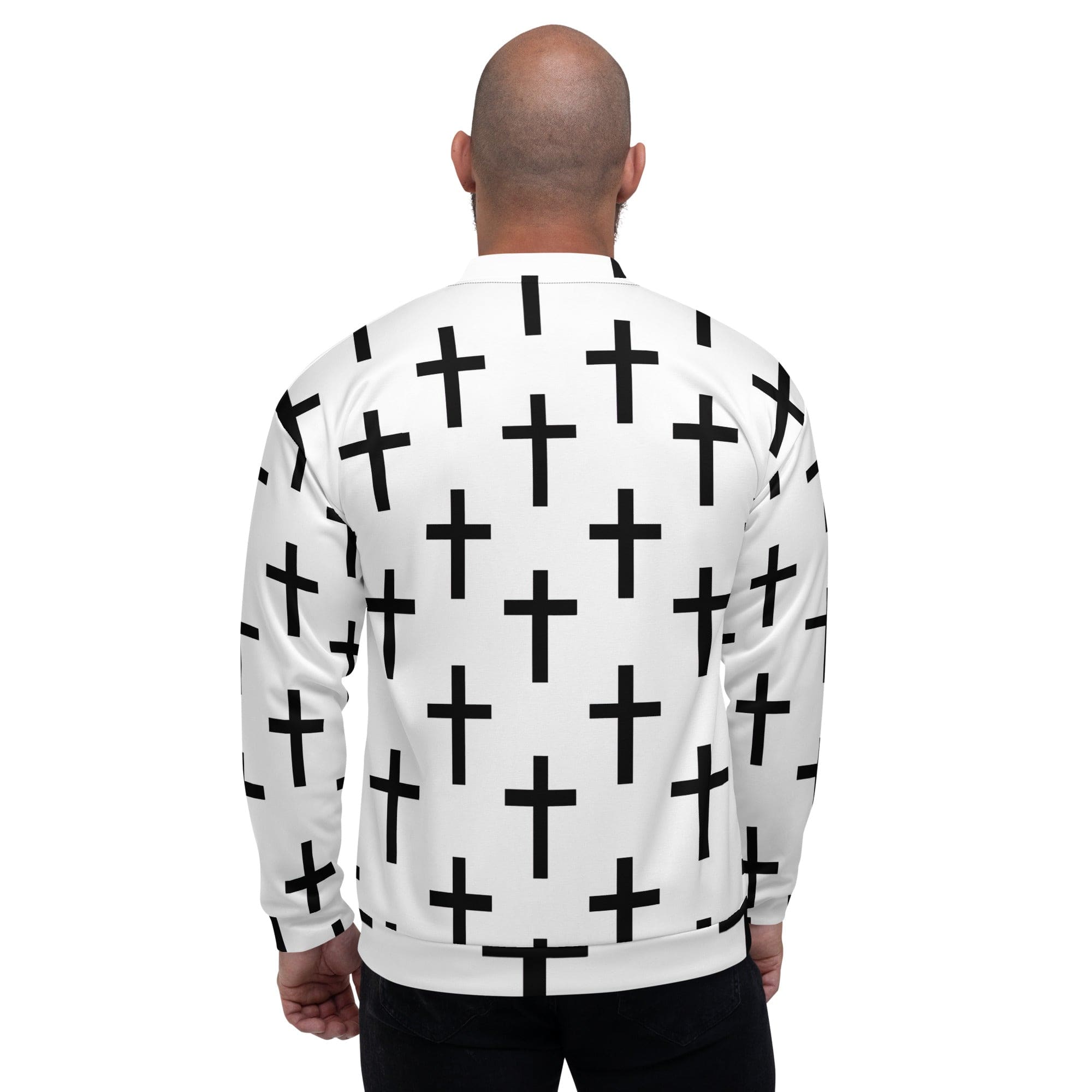 Men's bomber jacket featuring a stylish white and black cross print, zip-front closure, and ribbed cuffs, perfect for modern casual wear.