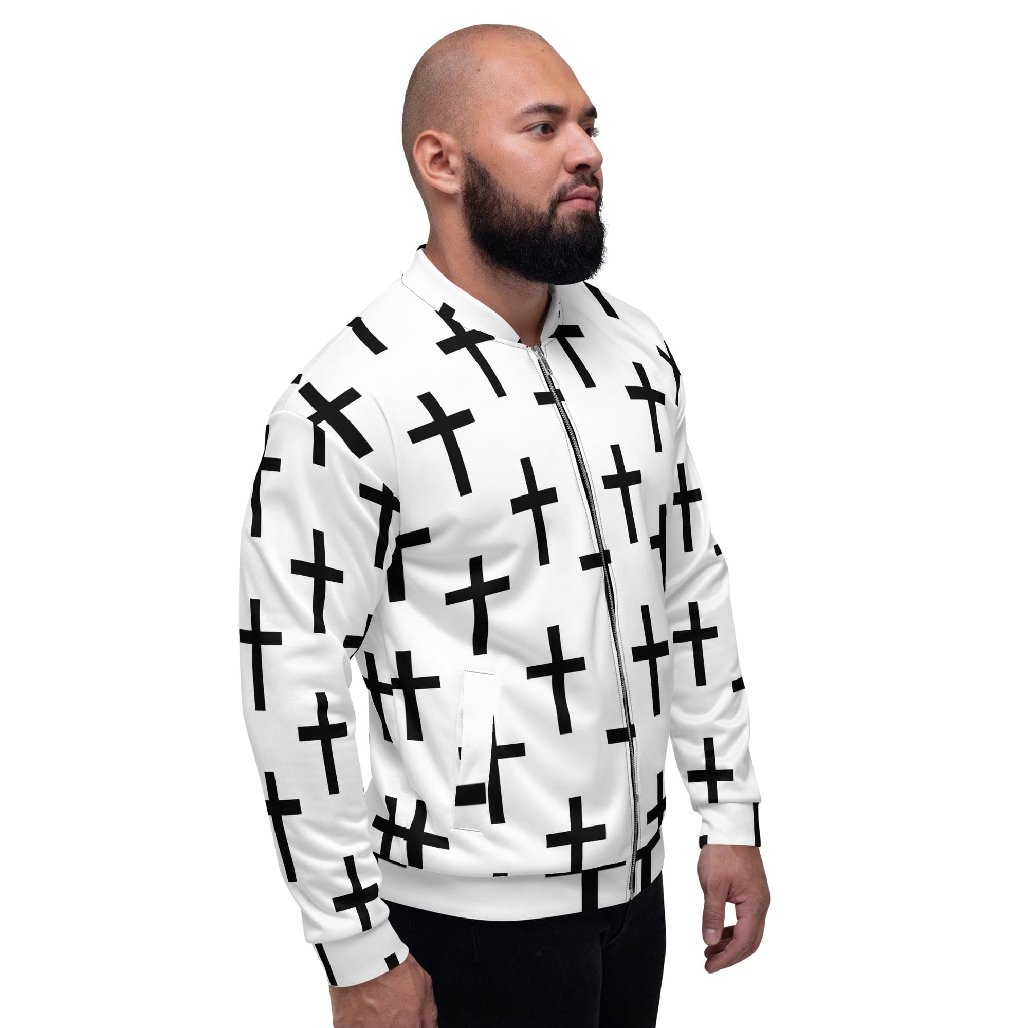 Men's bomber jacket featuring a stylish white and black cross print, zip-front closure, and ribbed cuffs, perfect for modern casual wear.