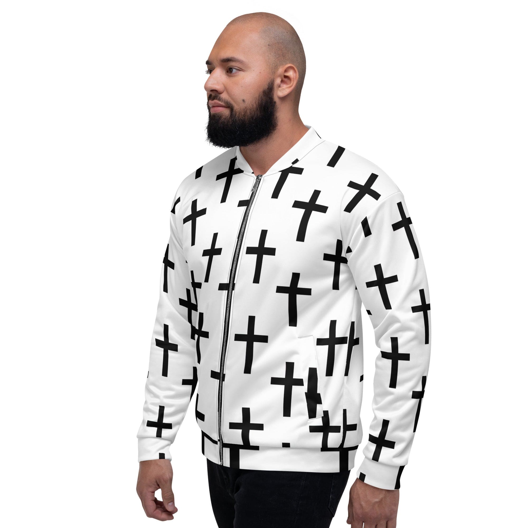 Men's bomber jacket featuring a stylish white and black cross print, zip-front closure, and ribbed cuffs, perfect for modern casual wear.