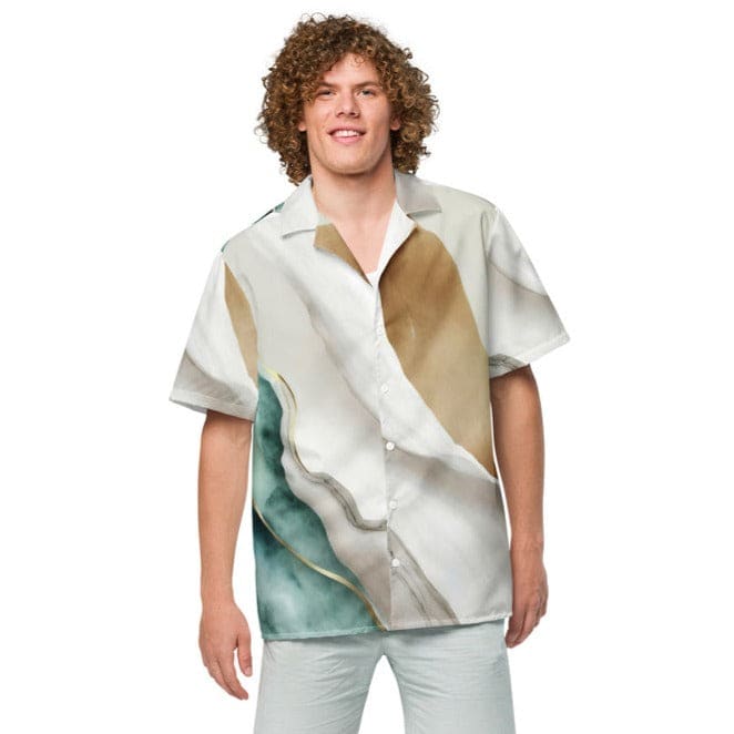 Men's casual button down shirt featuring a cream and white marbled pattern, short sleeves, and a regular fit, ideal for warm weather.