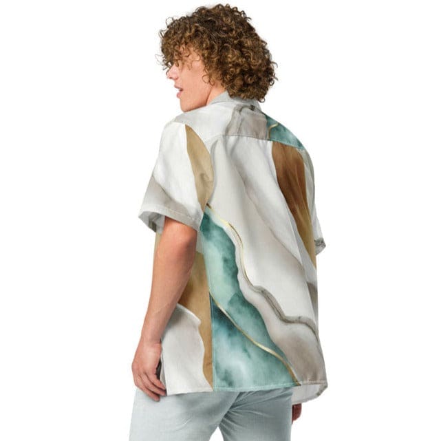 Men's casual button down shirt featuring a cream and white marbled pattern, short sleeves, and a regular fit, ideal for warm weather.