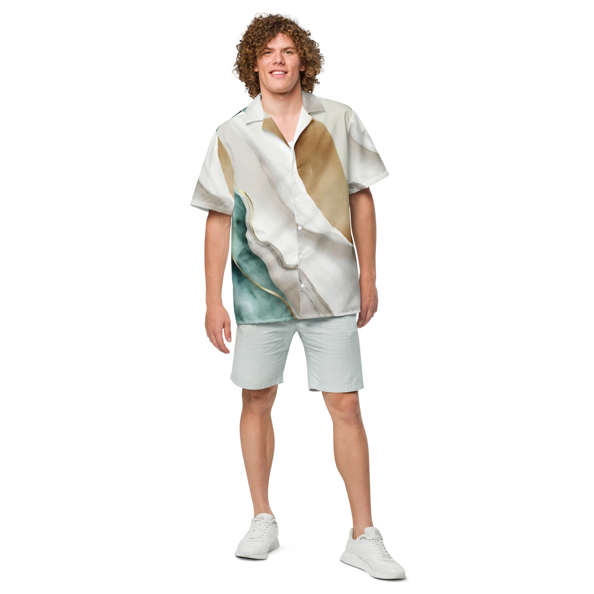 Men's casual button down shirt featuring a cream and white marbled pattern, short sleeves, and a regular fit, ideal for warm weather.