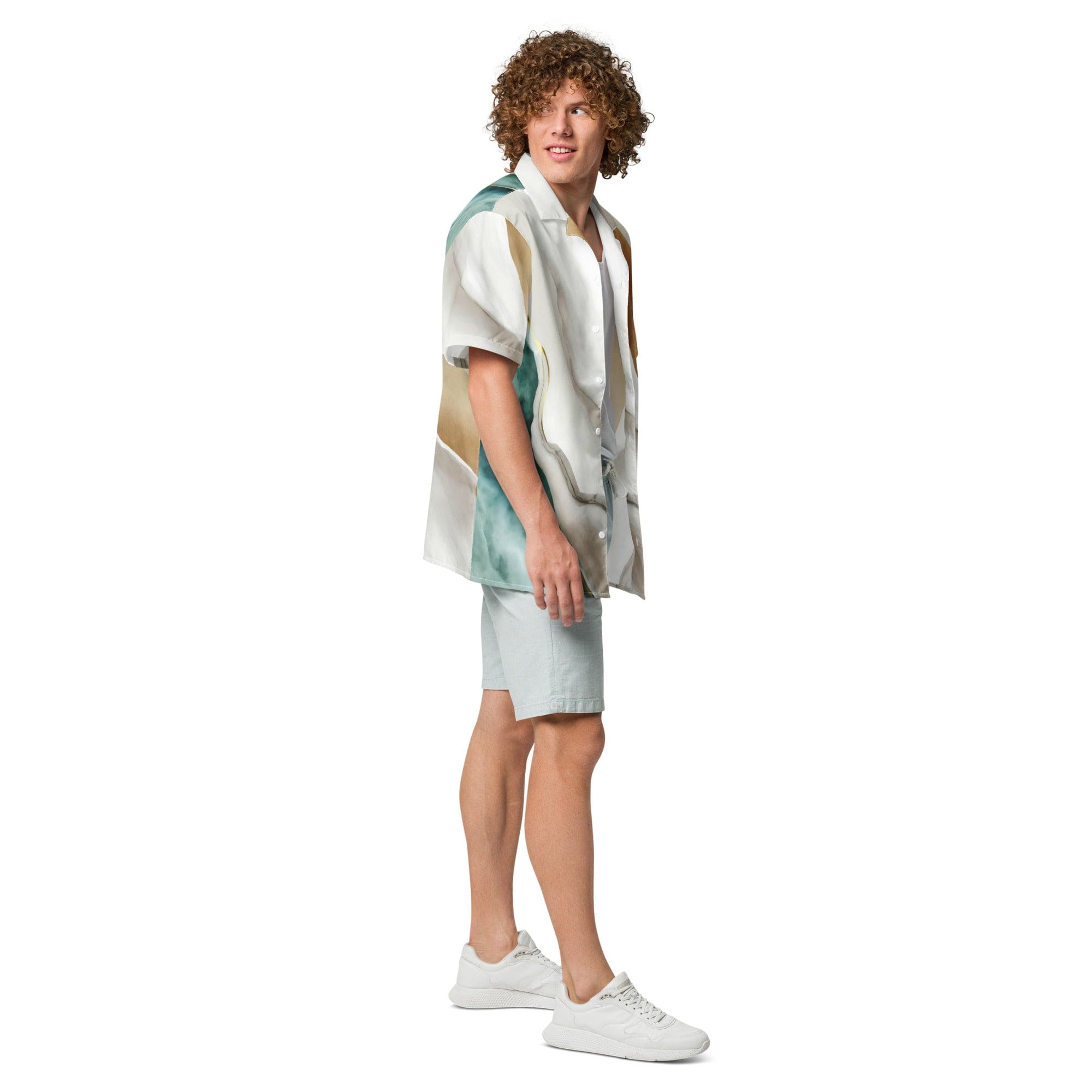 Men's casual button down shirt featuring a cream and white marbled pattern, short sleeves, and a regular fit, ideal for warm weather.