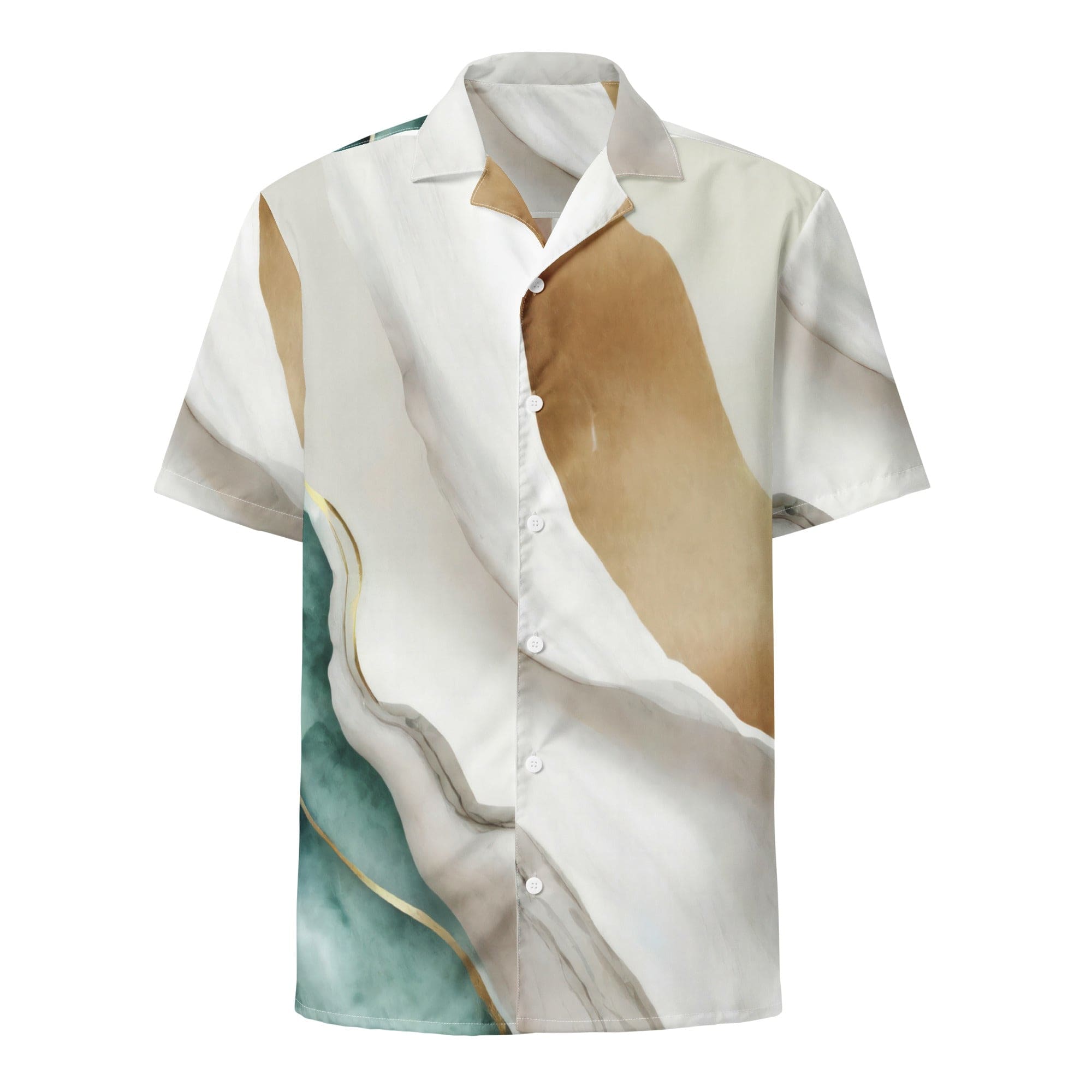 Men's casual button down shirt featuring a cream and white marbled pattern, short sleeves, and a regular fit, ideal for warm weather.