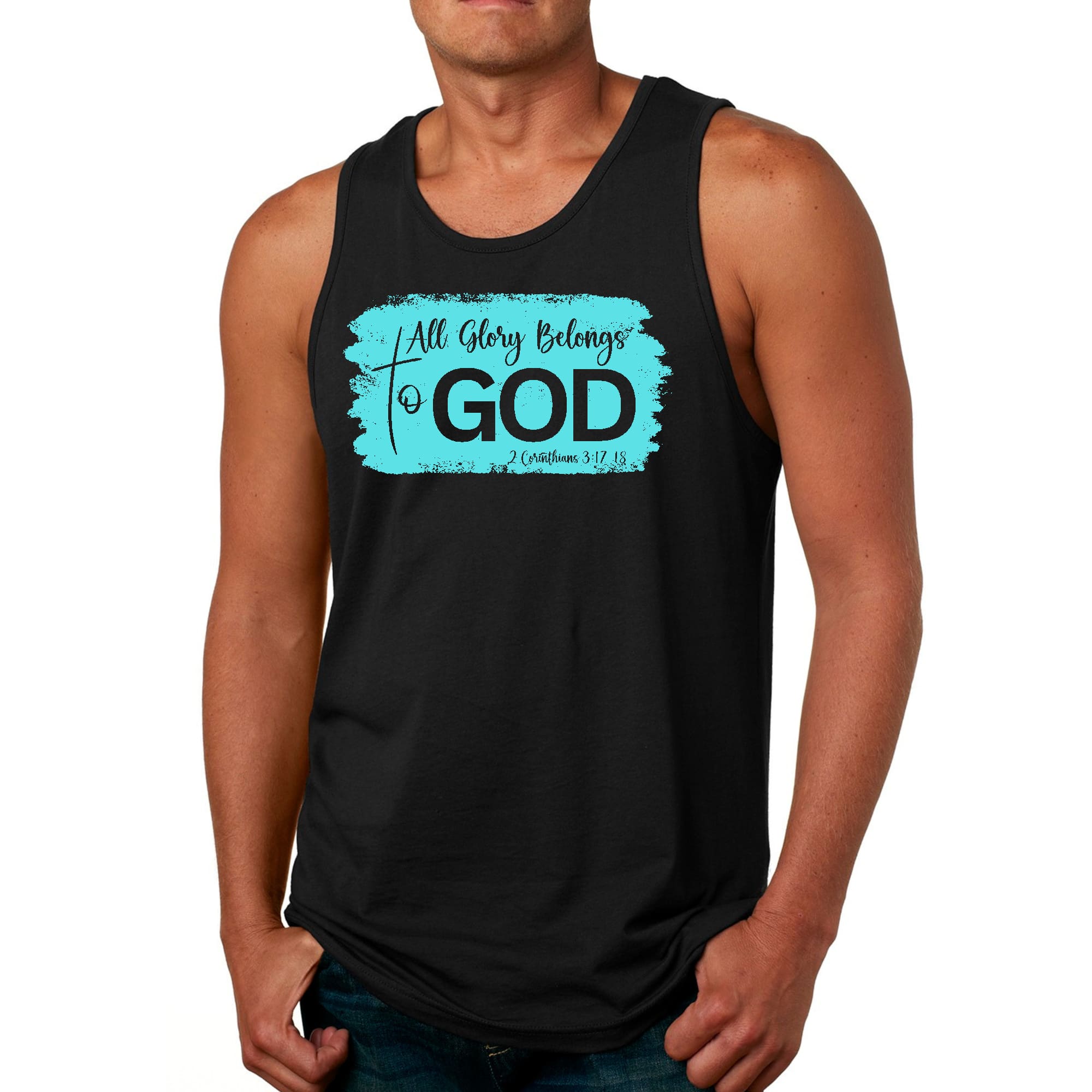 Men's fitness tank top in cyan featuring a Christian graphic that reads 'All Glory Belongs to God', made from soft preshrunk cotton.