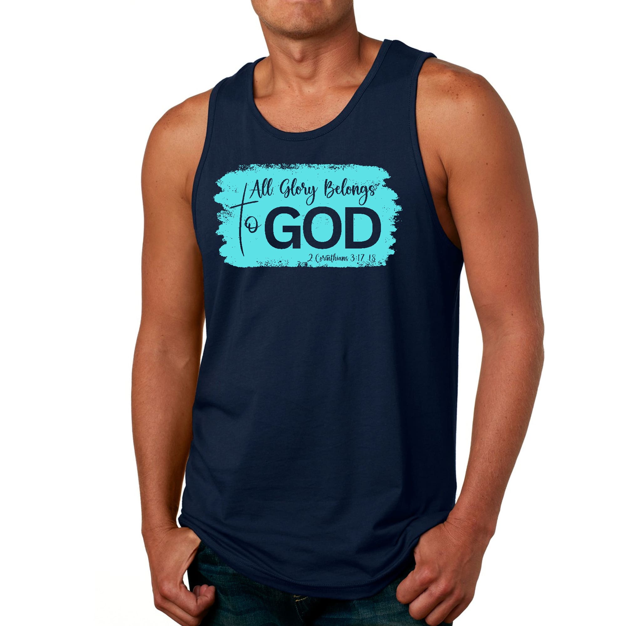 Men's fitness tank top in cyan featuring a Christian graphic that reads 'All Glory Belongs to God', made from soft preshrunk cotton.