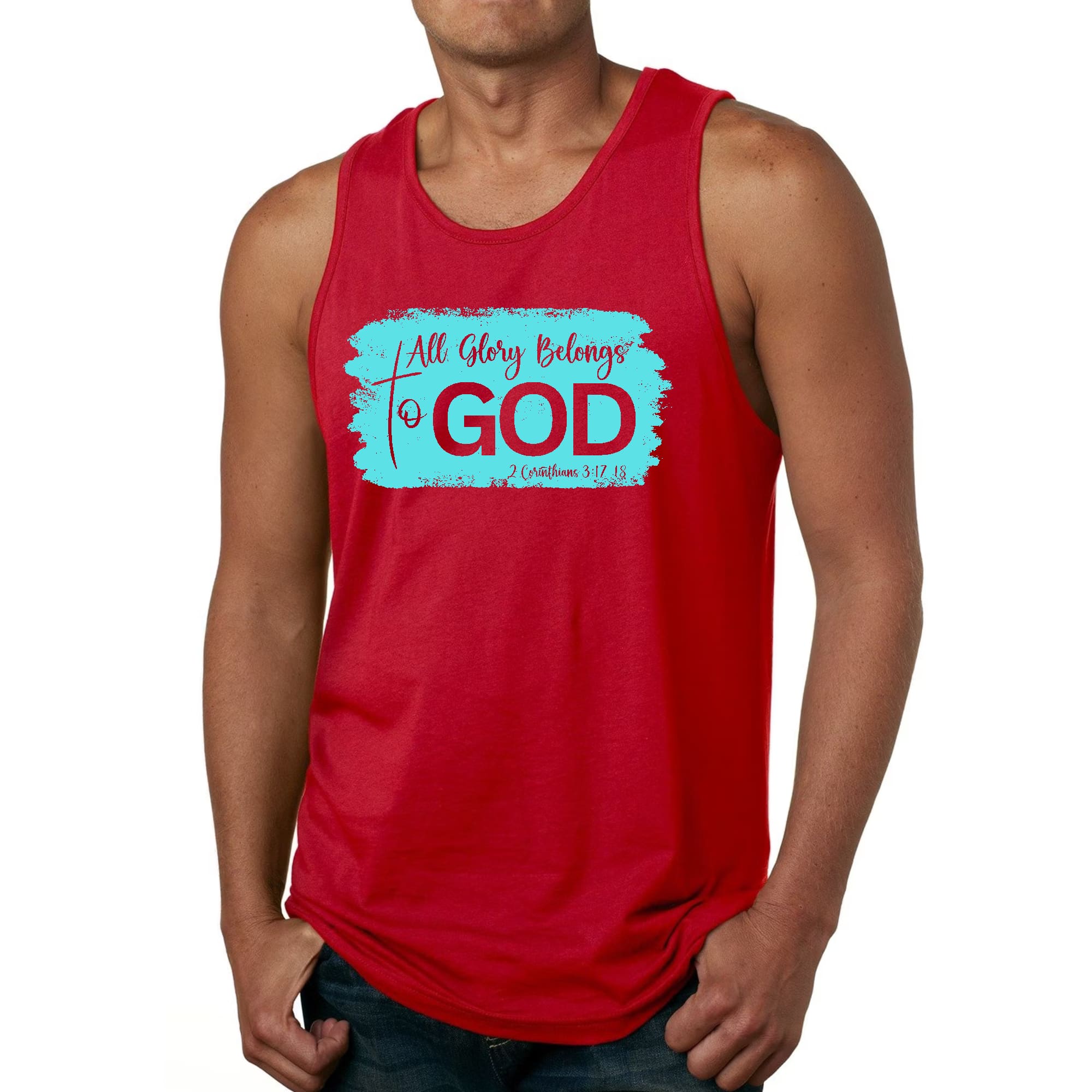 Men's fitness tank top in cyan featuring a Christian graphic that reads 'All Glory Belongs to God', made from soft preshrunk cotton.