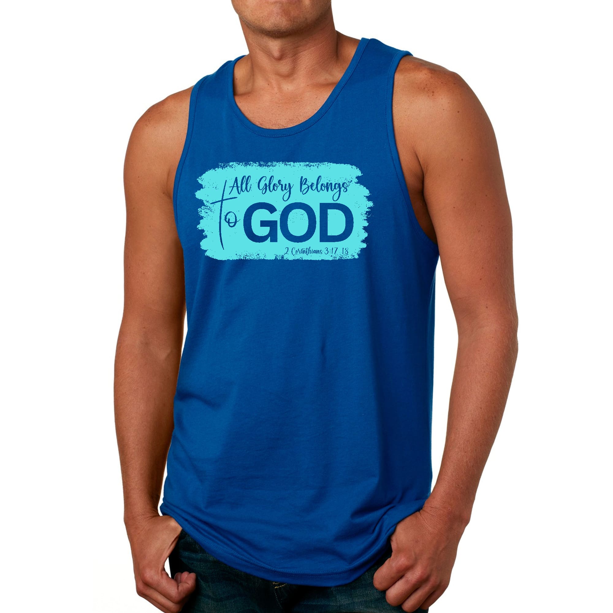 Men's fitness tank top in cyan featuring a Christian graphic that reads 'All Glory Belongs to God', made from soft preshrunk cotton.